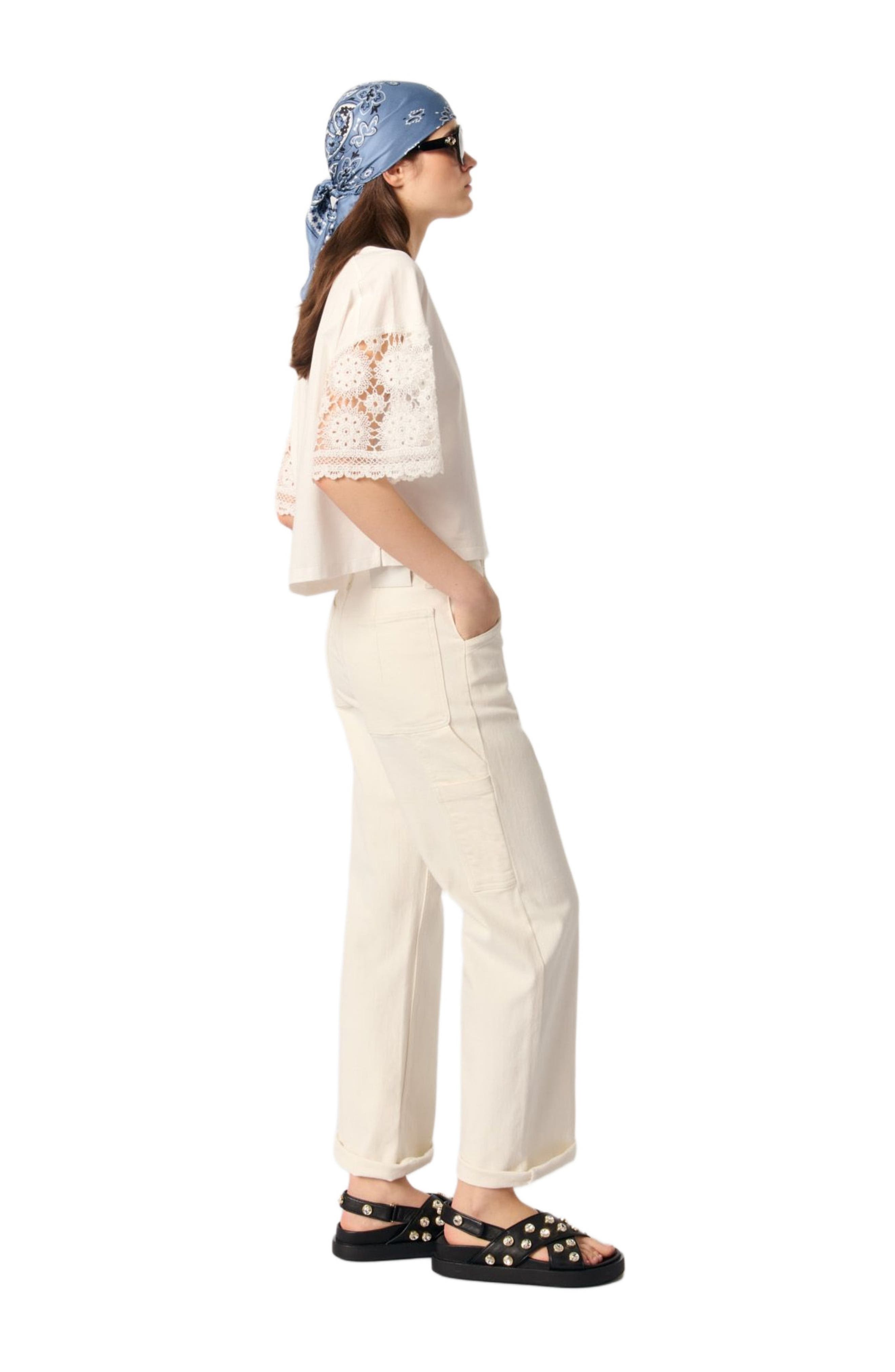 maje T-shirt with crochet sleeves in White at Nordstrom - 2
