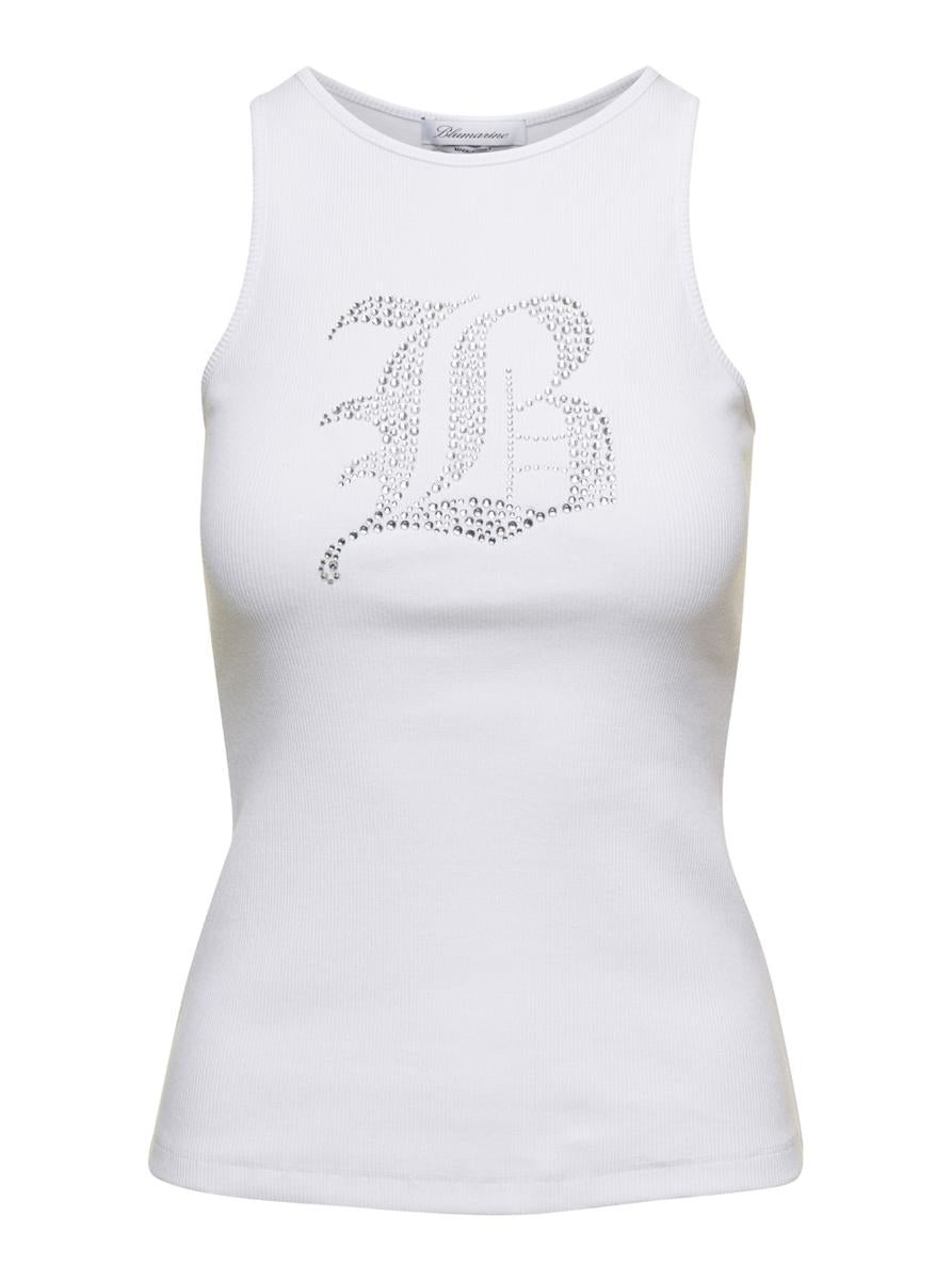 BLUMARINE WHITE RIBBED TANK TOP WITH RHINESTONE LOGO IN COTTON WOMAN - 1