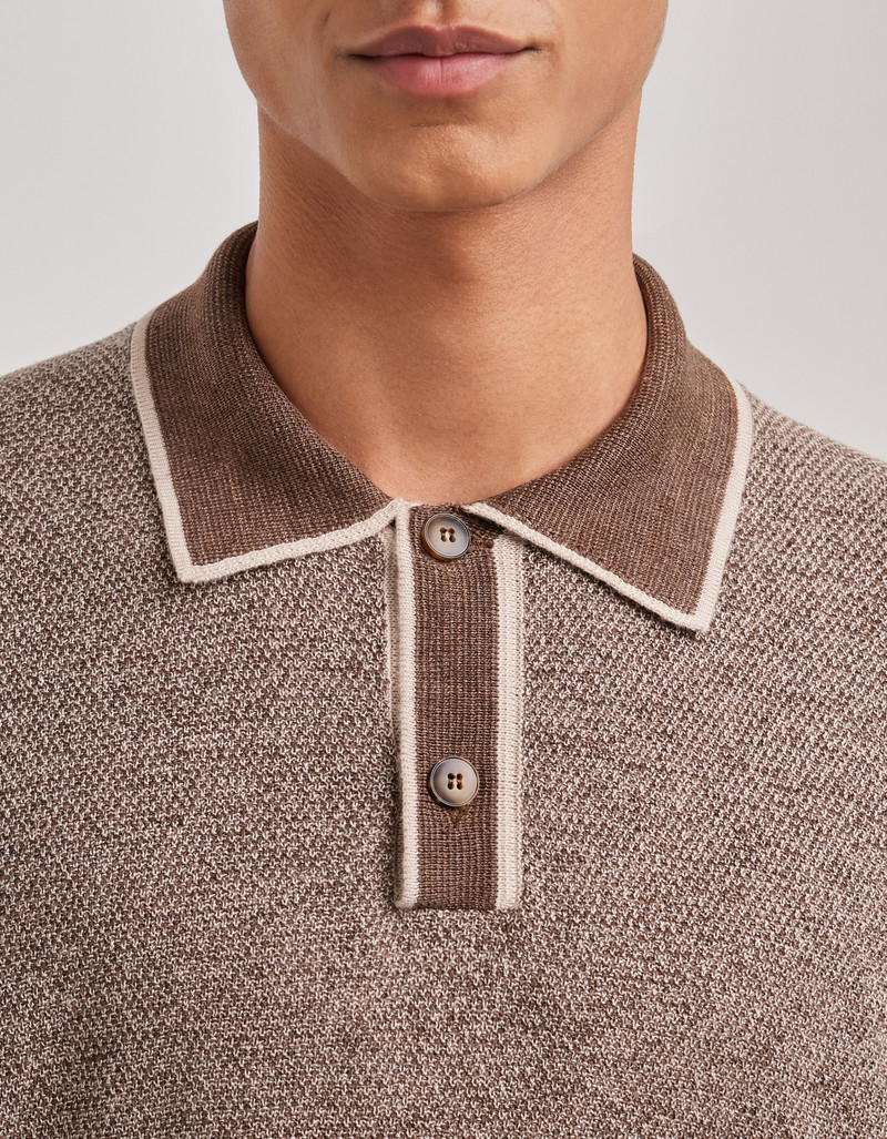 BROWN LINEN AND SILK JACQUARD POLO SHIRT WITH CONTRASTING COLLAR 5