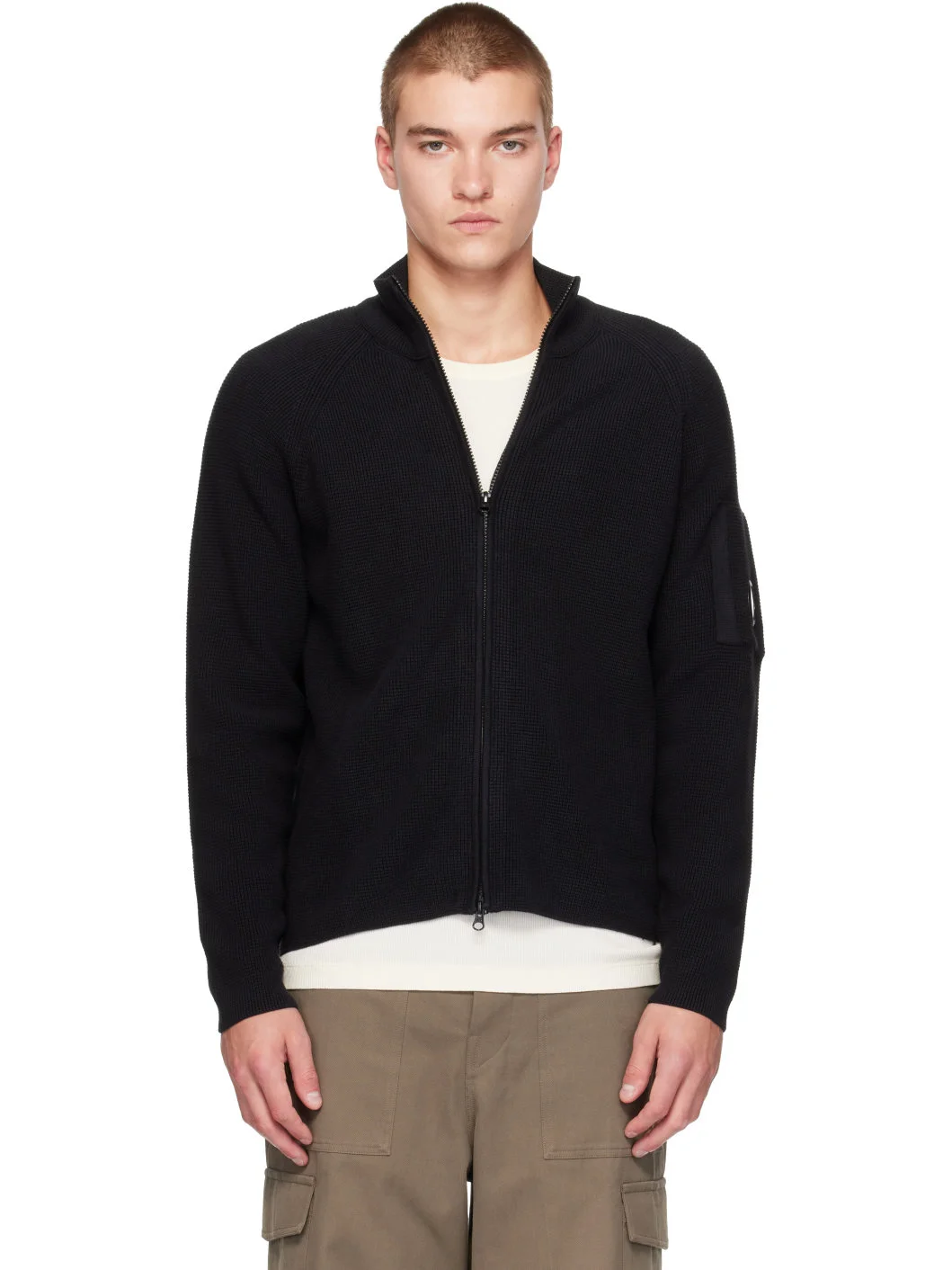 Black Waffle Knit Cotton Zip Lens Cardigan - 1