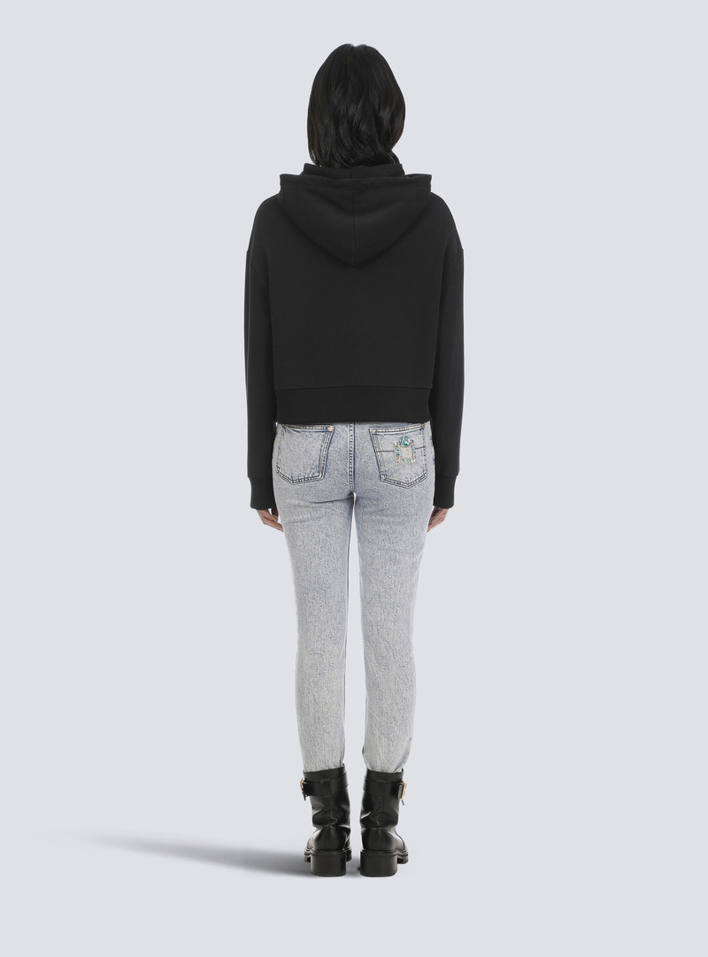 Cropped eco-designed cotton sweatshirt with rhinestone Balmain logo 5