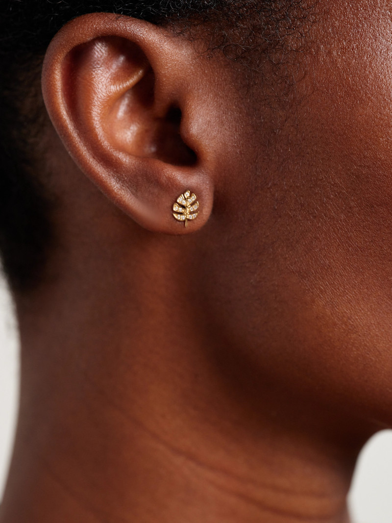 SYDNEY EVAN Tiny Monstera Leaf 14-karat Gold Diamond Earrings outlook