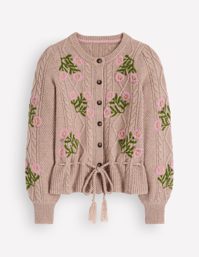 Cable Knitted Cardigan-Mink Melange, Embroidery - 1