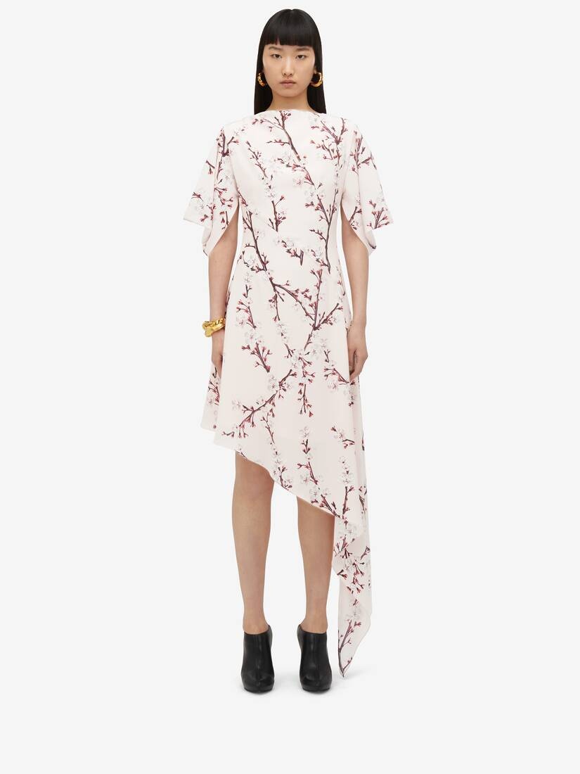 Women's Cherry Blossom Asymmetric Midi Dress in Pink - 1