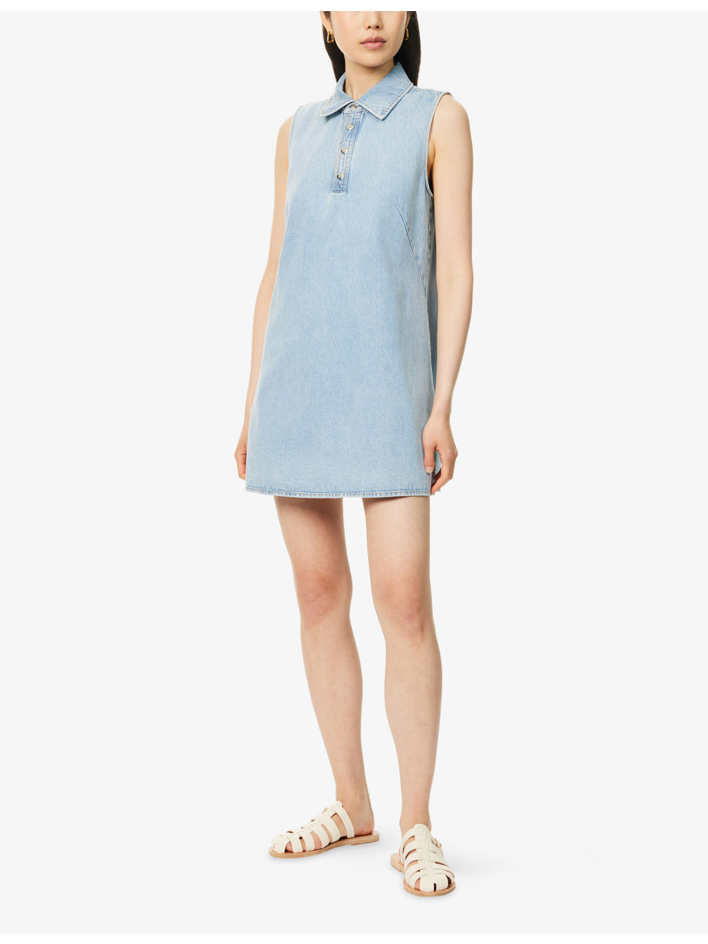 City Shift Polo-Collar Cotton-Blend Denim Mini Dress - 2