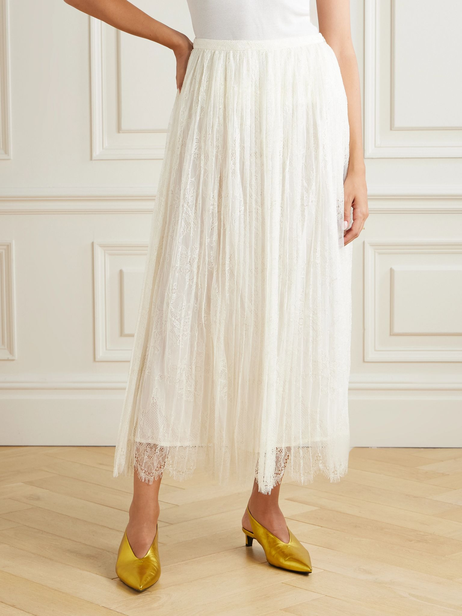 Maren plissé-lace midi skirt White - 3