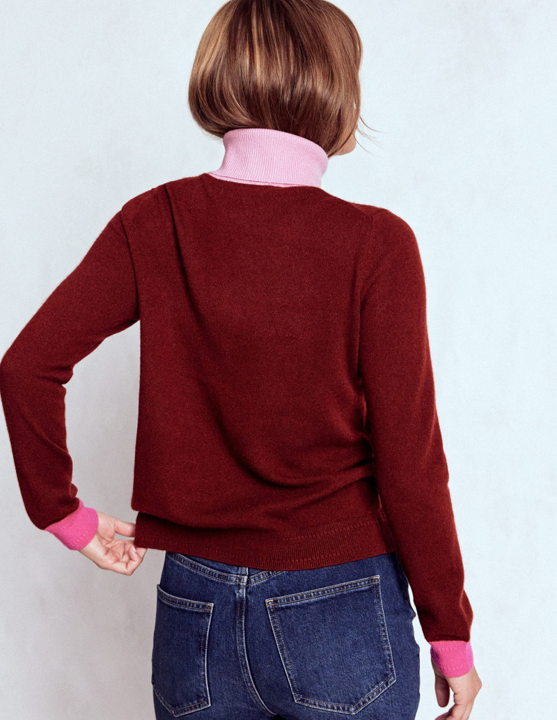 Eva Cashmere Roll Neck Sweater-Chestnut, Colour Block 4