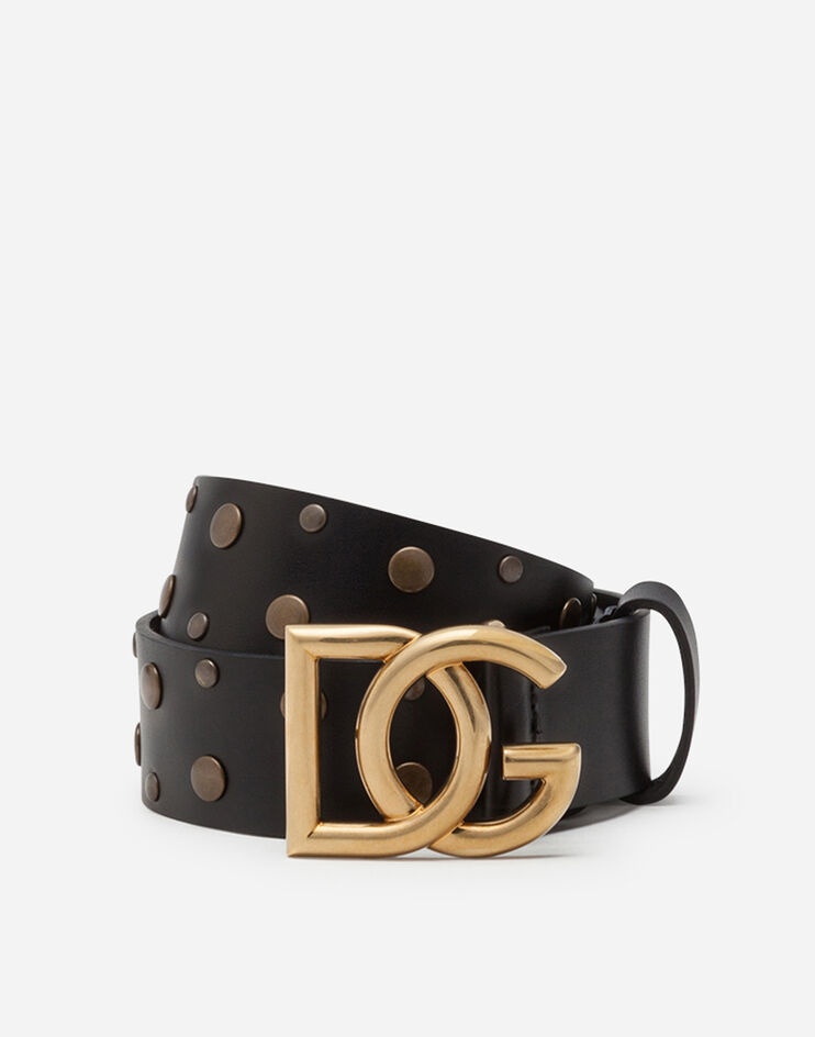 Leather belt with crossed DG logo and mixed stud embroidery - 1