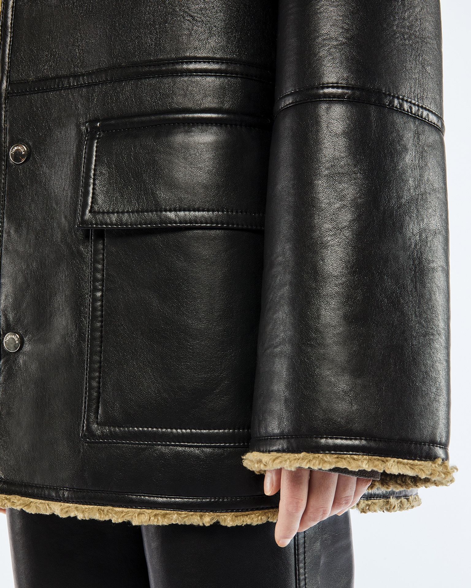 MAUK - Faux shearling-trimmed jacket - Black/khaki - 10
