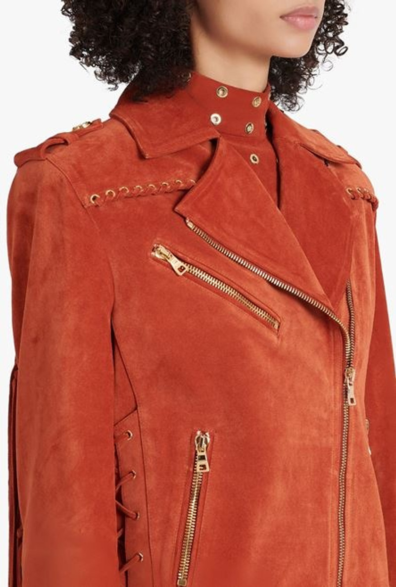Balmain x Netflix -Terracotta and golden suede biker jacket 9