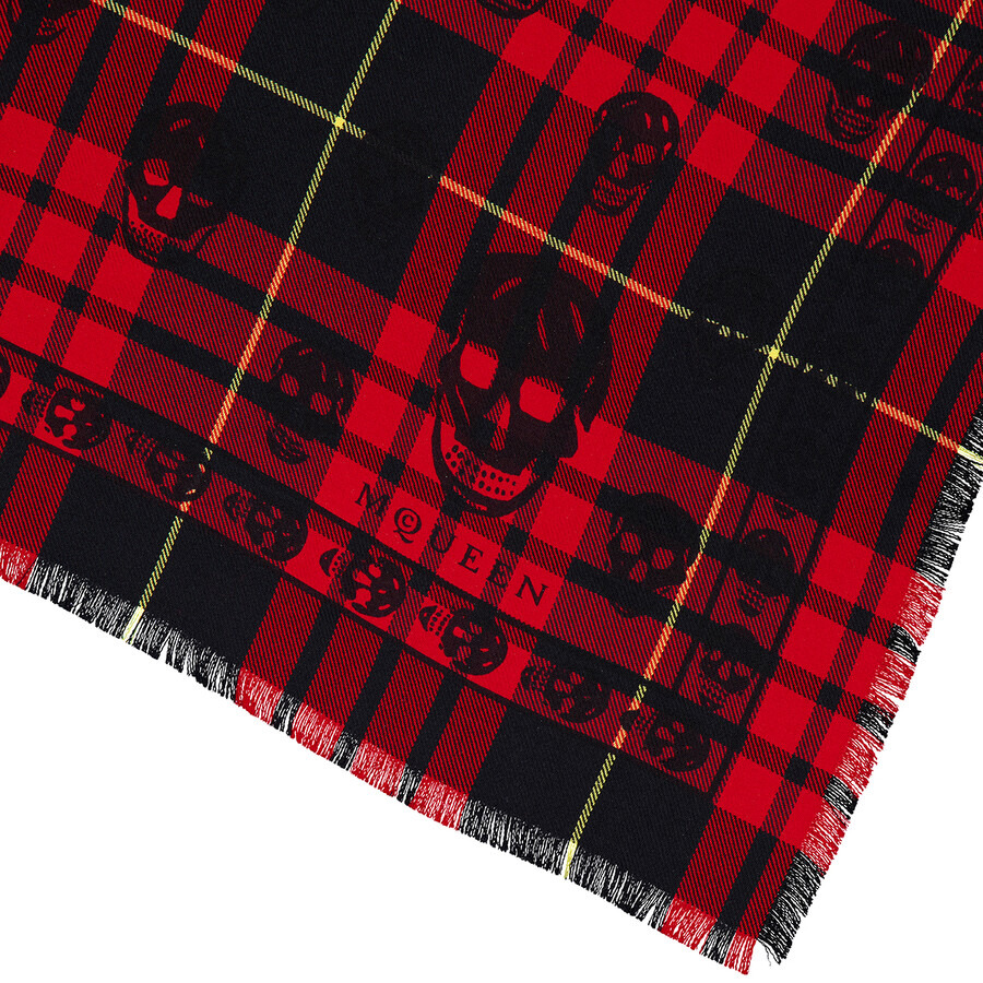 Alexander McQueen Men's Red/Black Skull Tartan Wool Scarf - 7