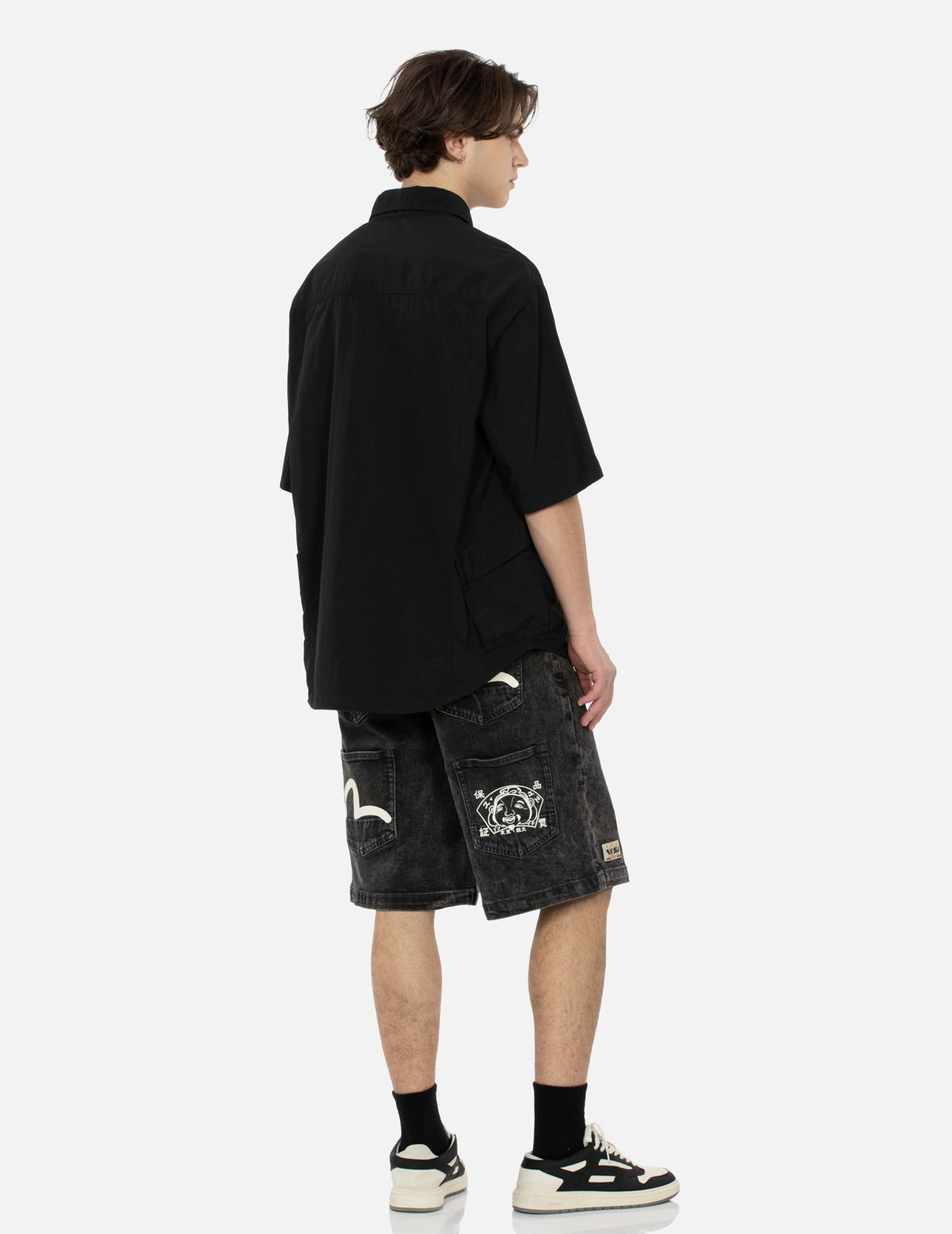 SEAGULL AND KAMON PRINT MULTI-POCKET RELAX FIT DENIM SHORTS - 3