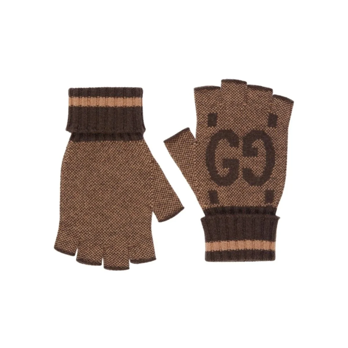 Brown Cashmere GG Fingerless Gloves - 1