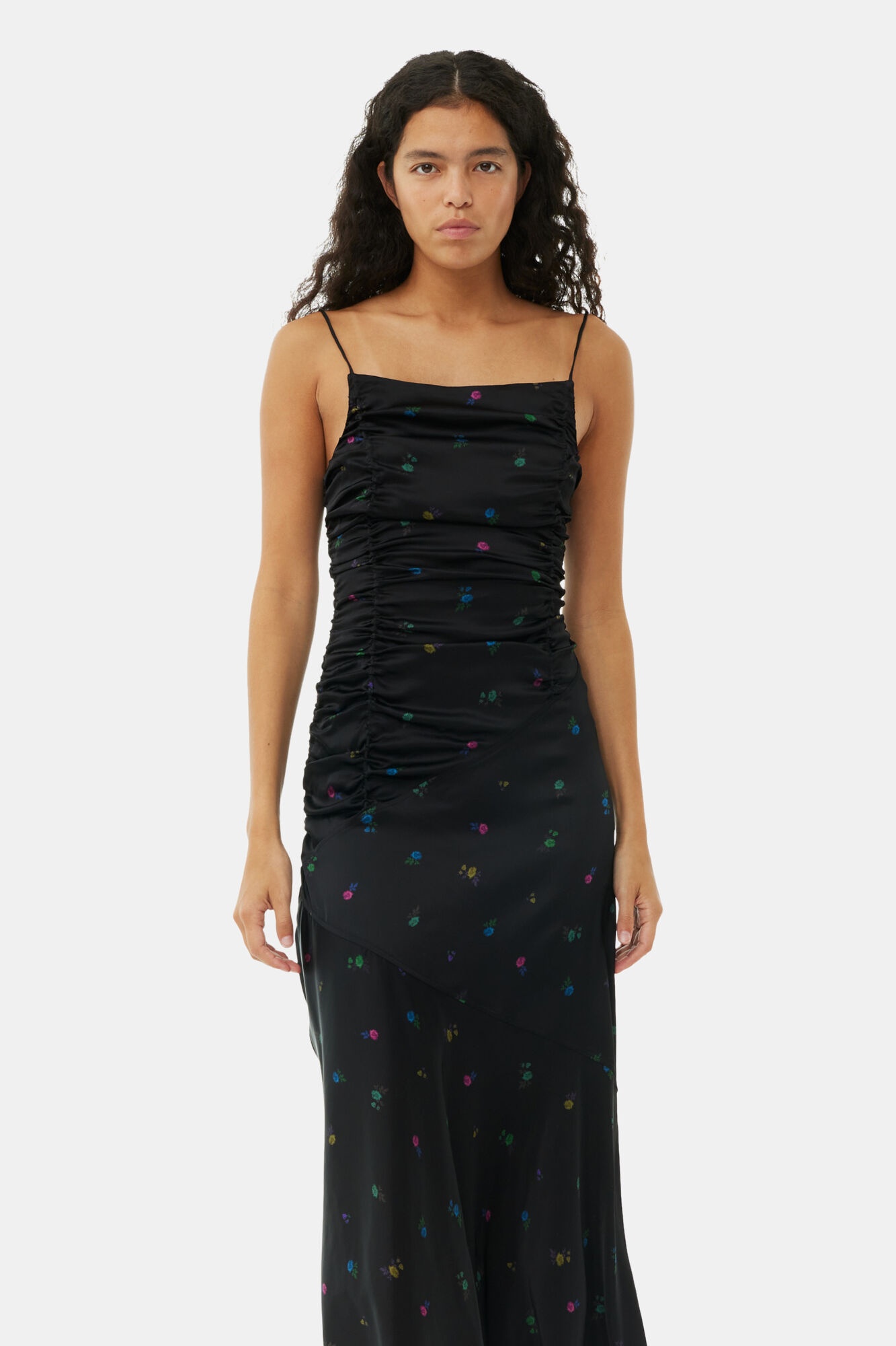 FLORAL SATIN RUCHED LONG SLIP DRESS - 3