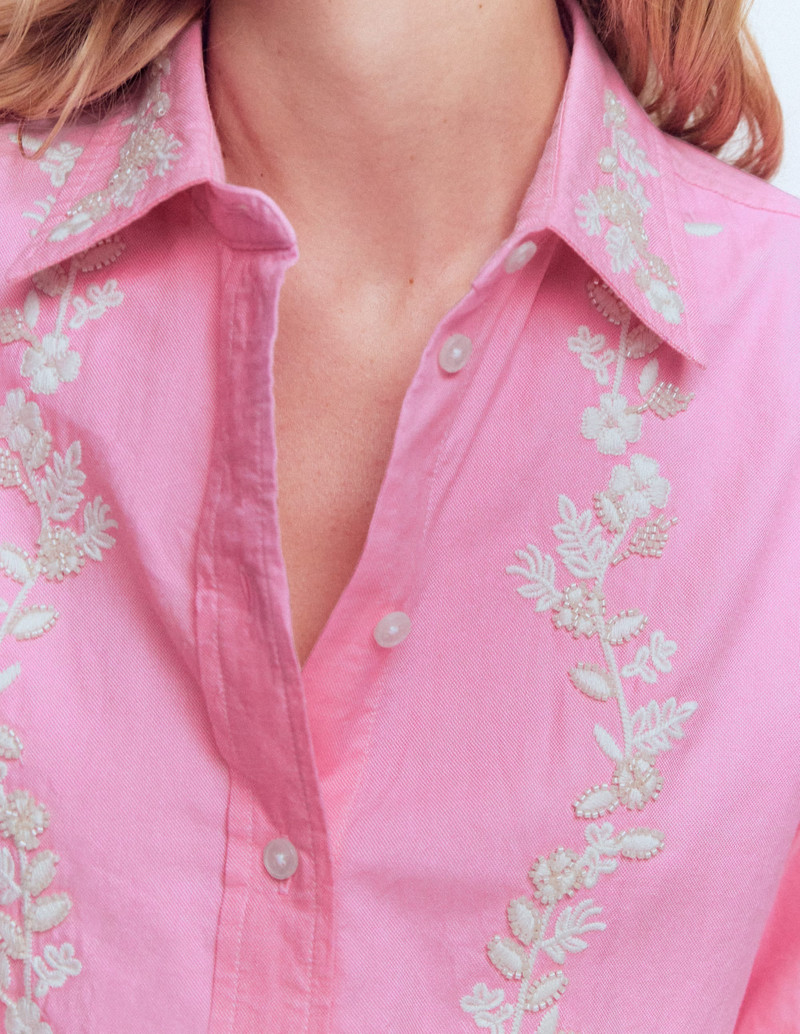 Sadie Relaxed Cotton Shirt-Pink Floral Beaded Oxford 3