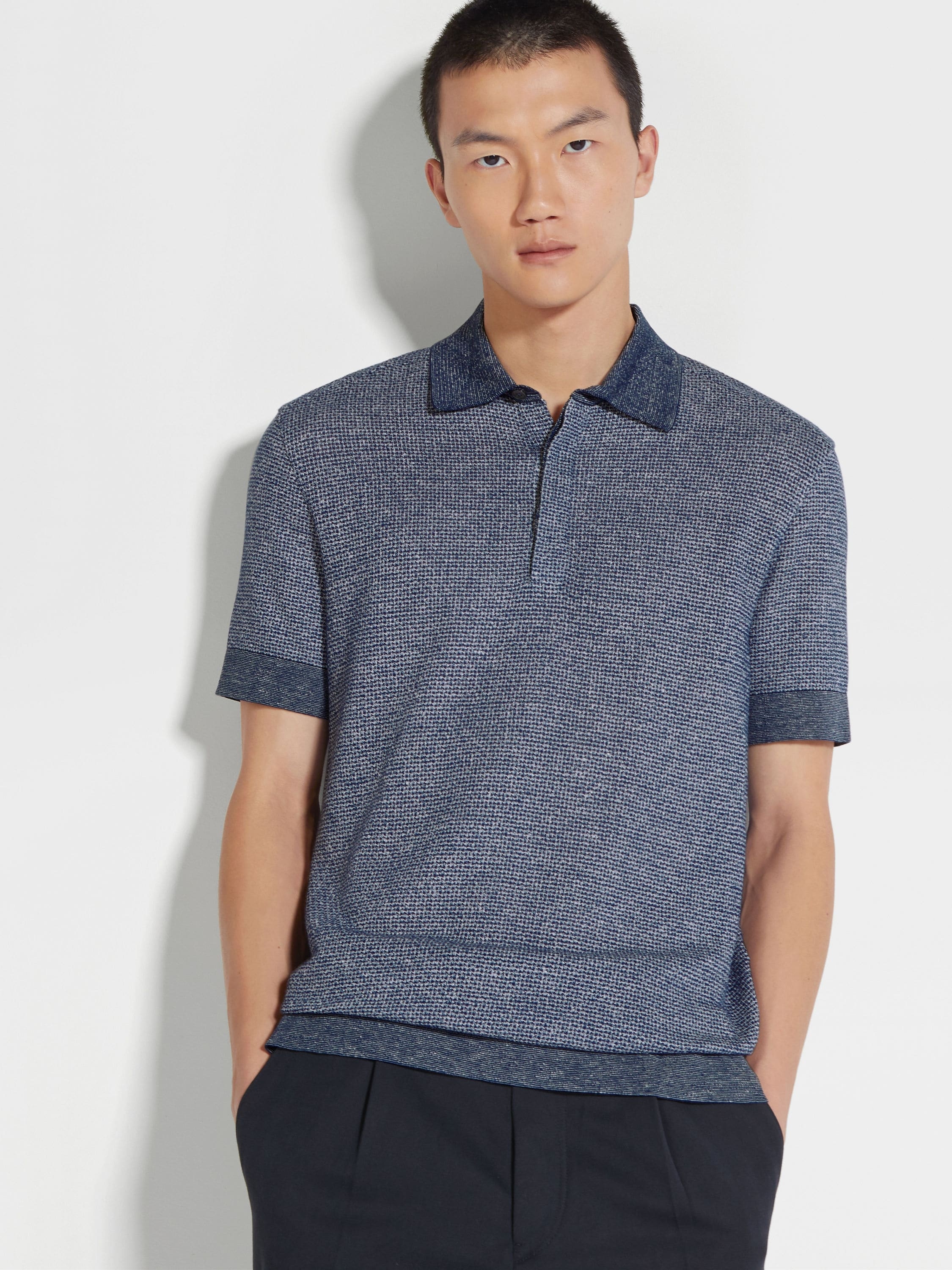 UTILITY BLUE COTTON LINEN AND SILK POLO SHIRT - 3