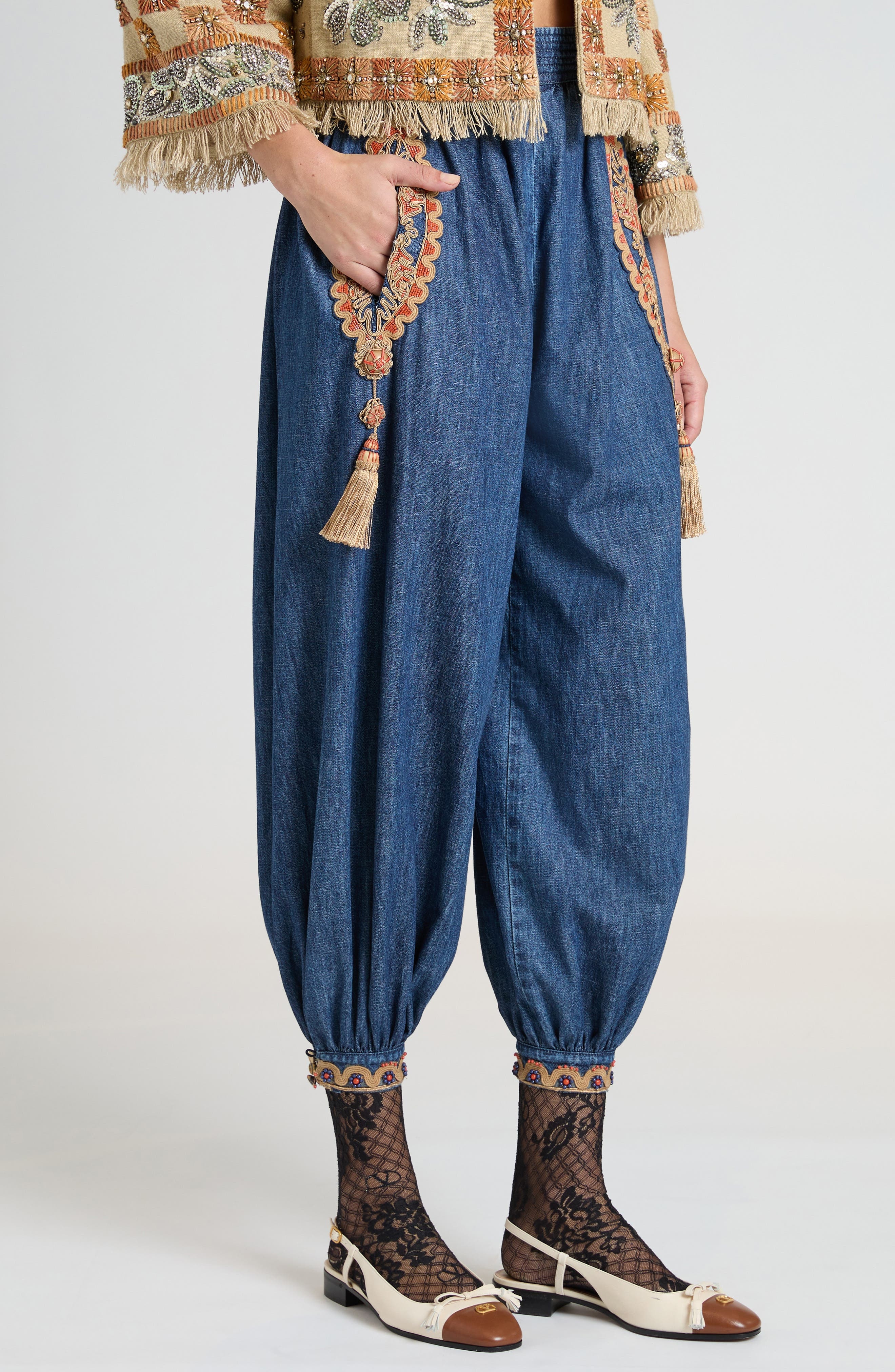 Valentino Garavani Embellished Crop Chambray Balloon Pants in Medium Blue Denim at Nordstrom - 5