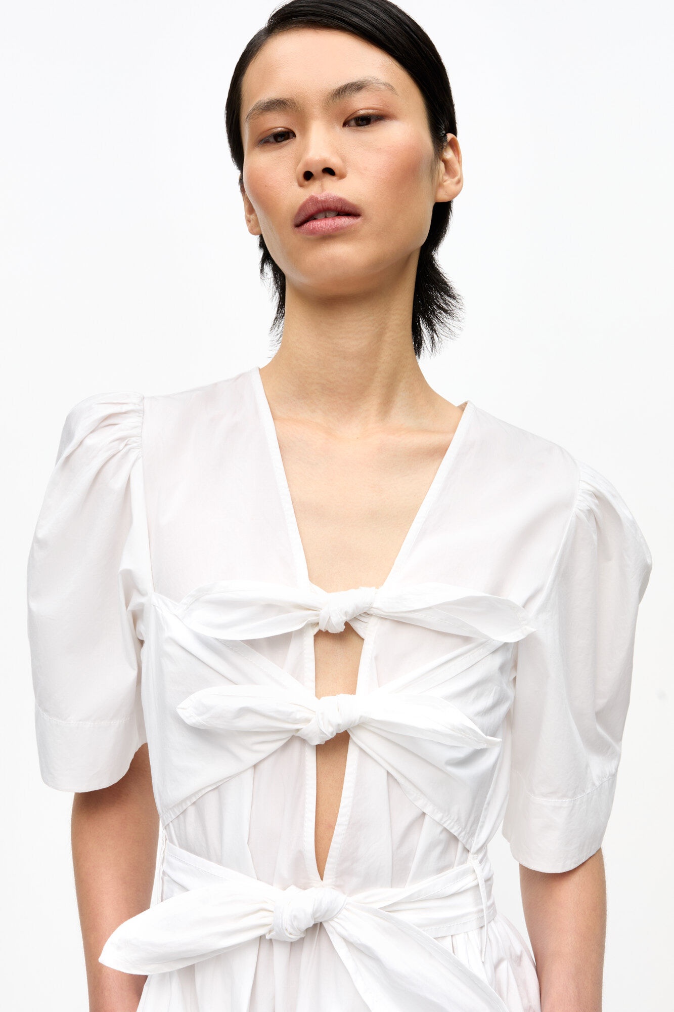 WHITE STRETCH COTTON TIE STRAP MIDI DRESS - 4