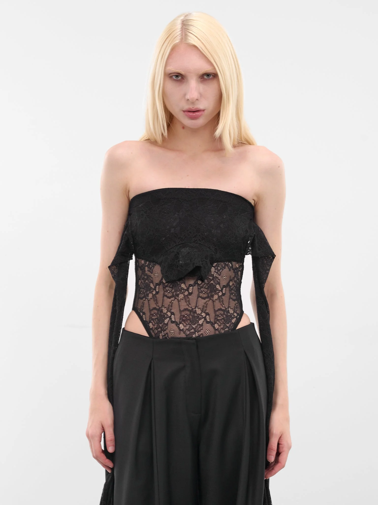 Black Lace Deconstructed Sleeve Bodysuit - 1