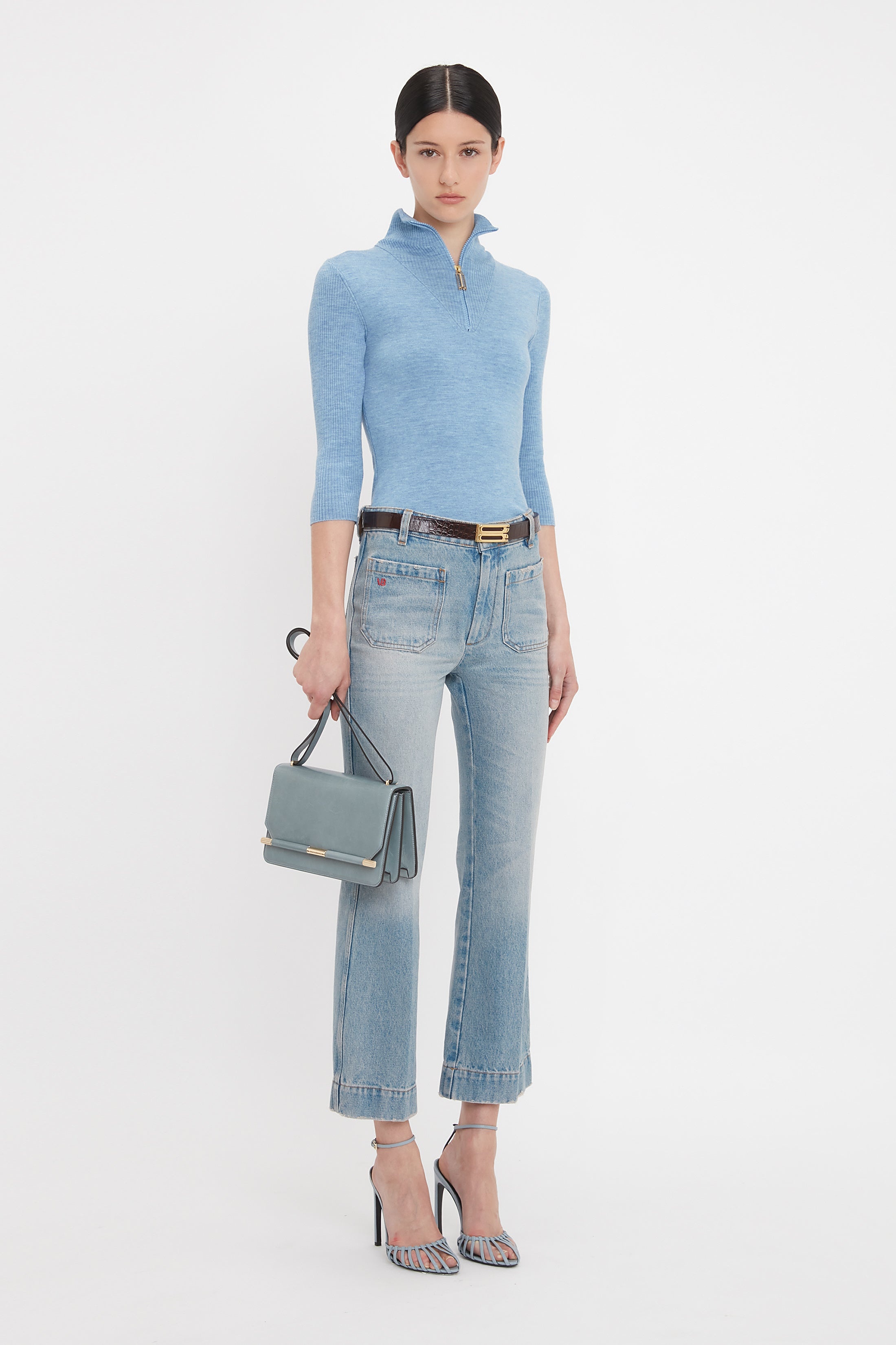 Half Zip Short Sleeve Knitted Top In Bluebell - 3