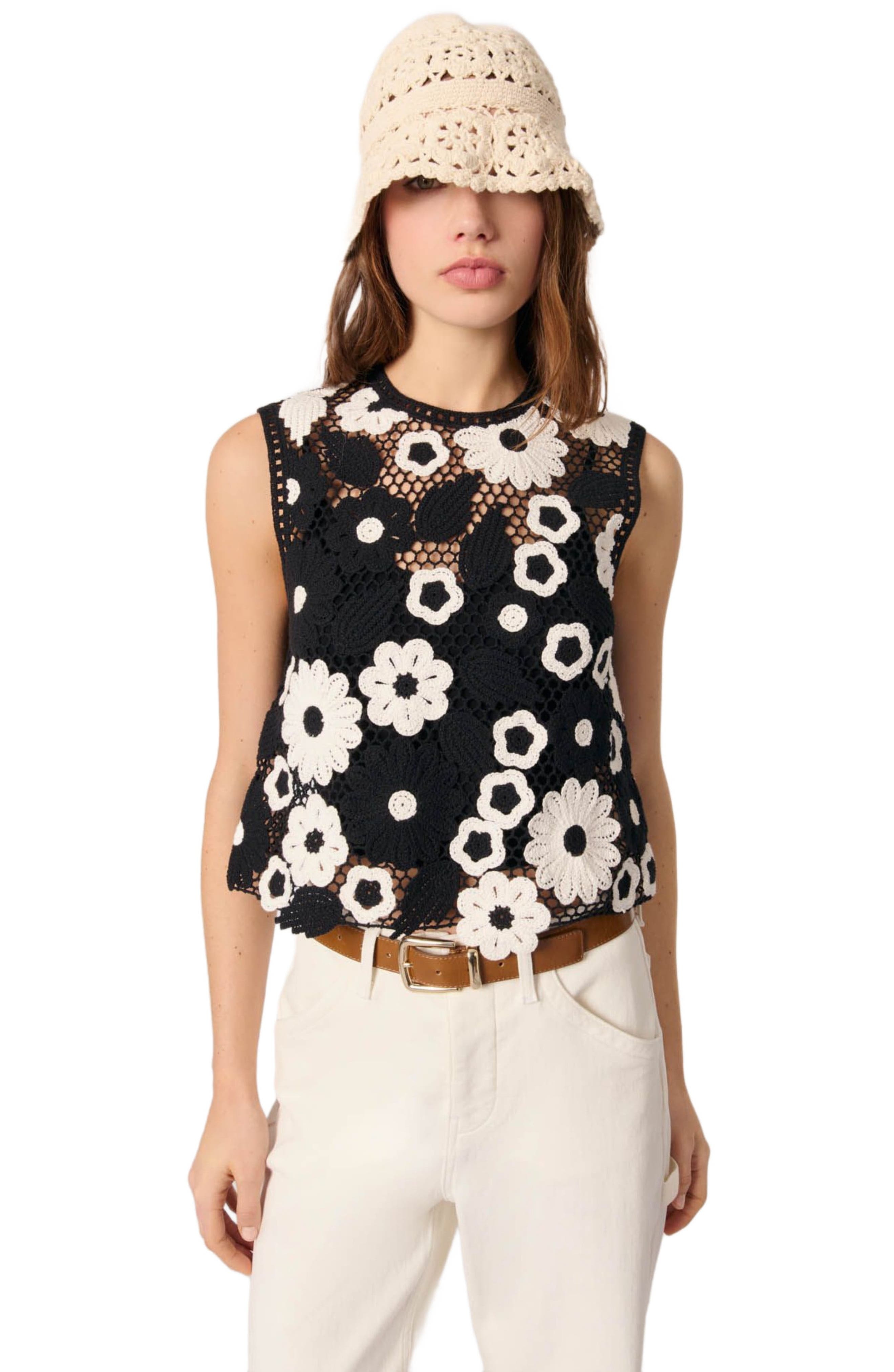 maje Floral crochet top in Black /White at Nordstrom - 5