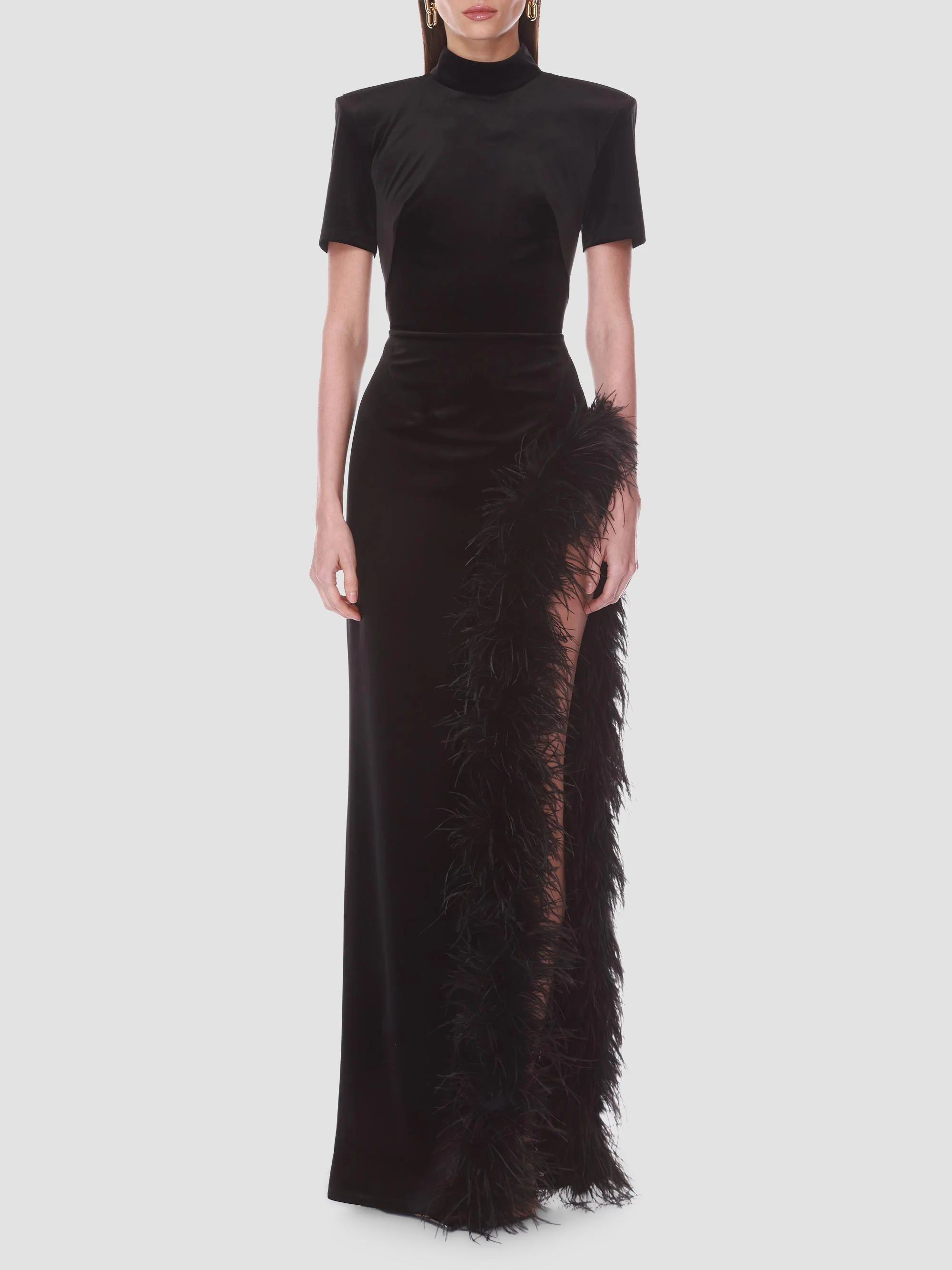 Women's Velvet Feather Trim Slit Gown - Black - 1