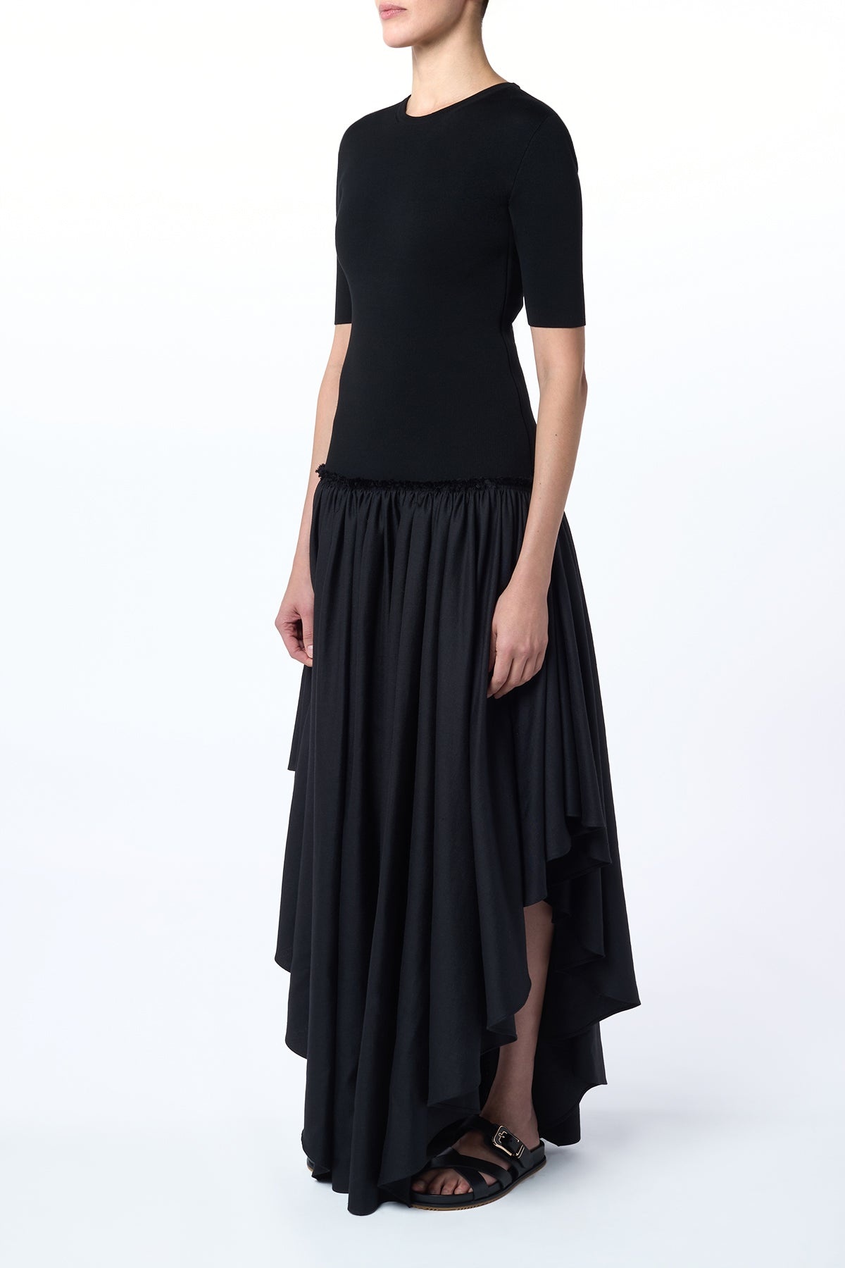 Sirona Pleated Maxi Dress in Black Virgin Wool Silk with Linen - 4
