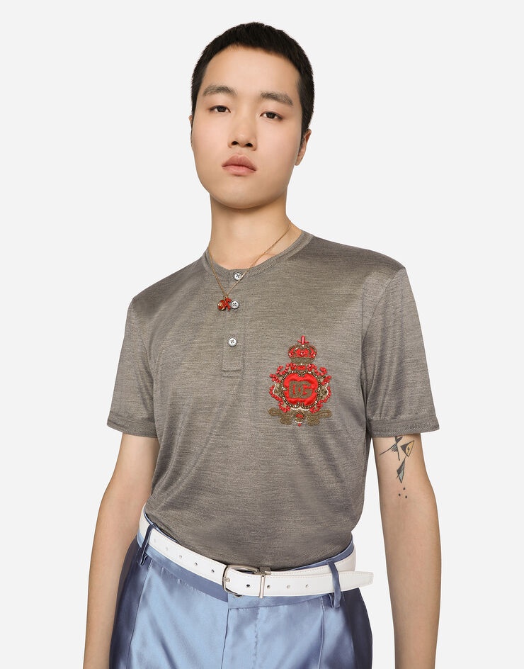 Silk melange granddad-neck sweater with patch - 2
