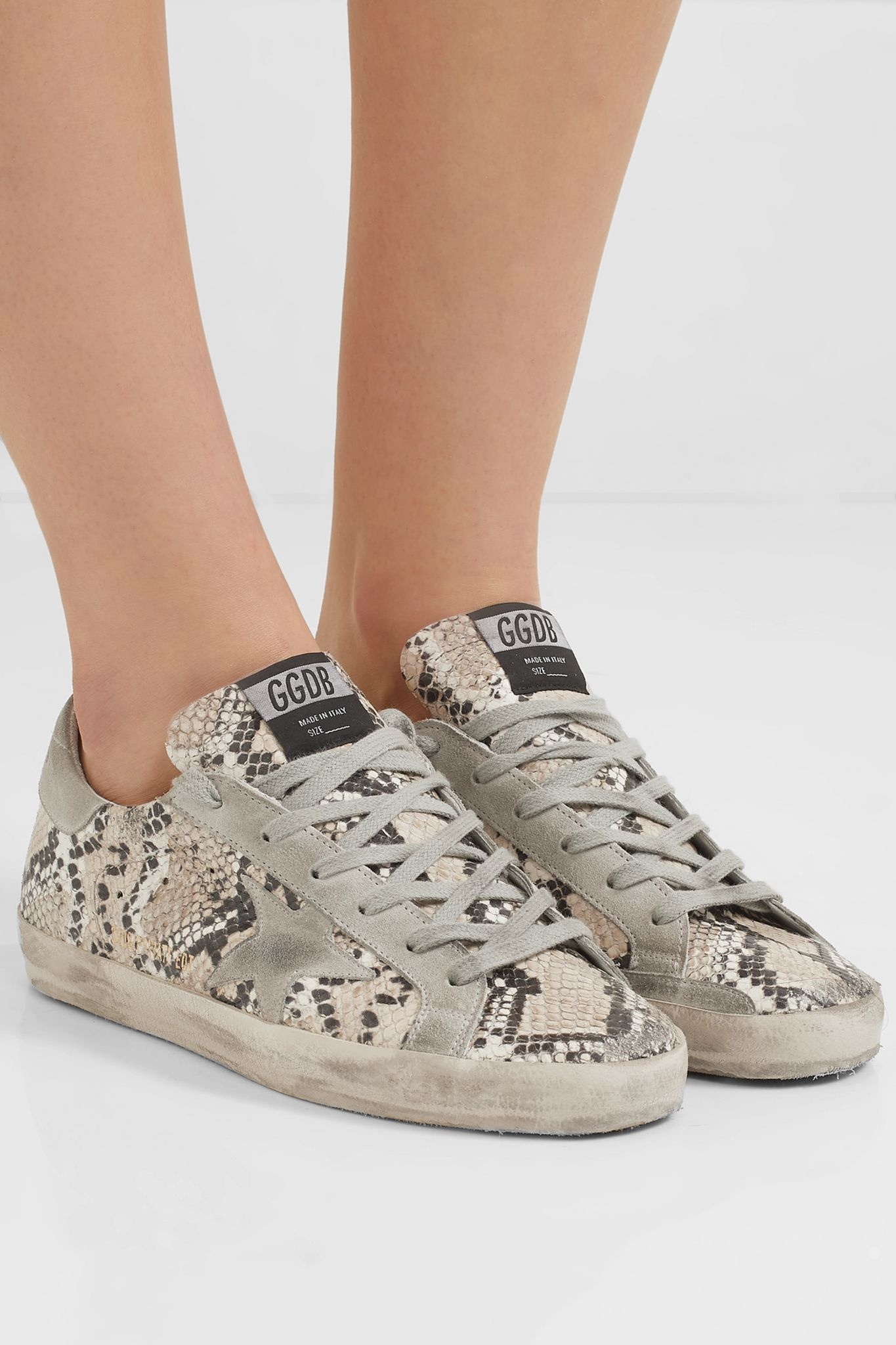 Superstar distressed snake-effect leather and suede sneakers - 2