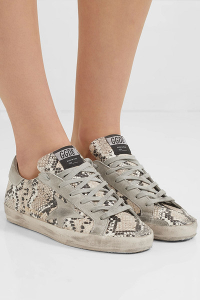 Golden Goose Superstar distressed snake-effect leather and suede sneakers outlook