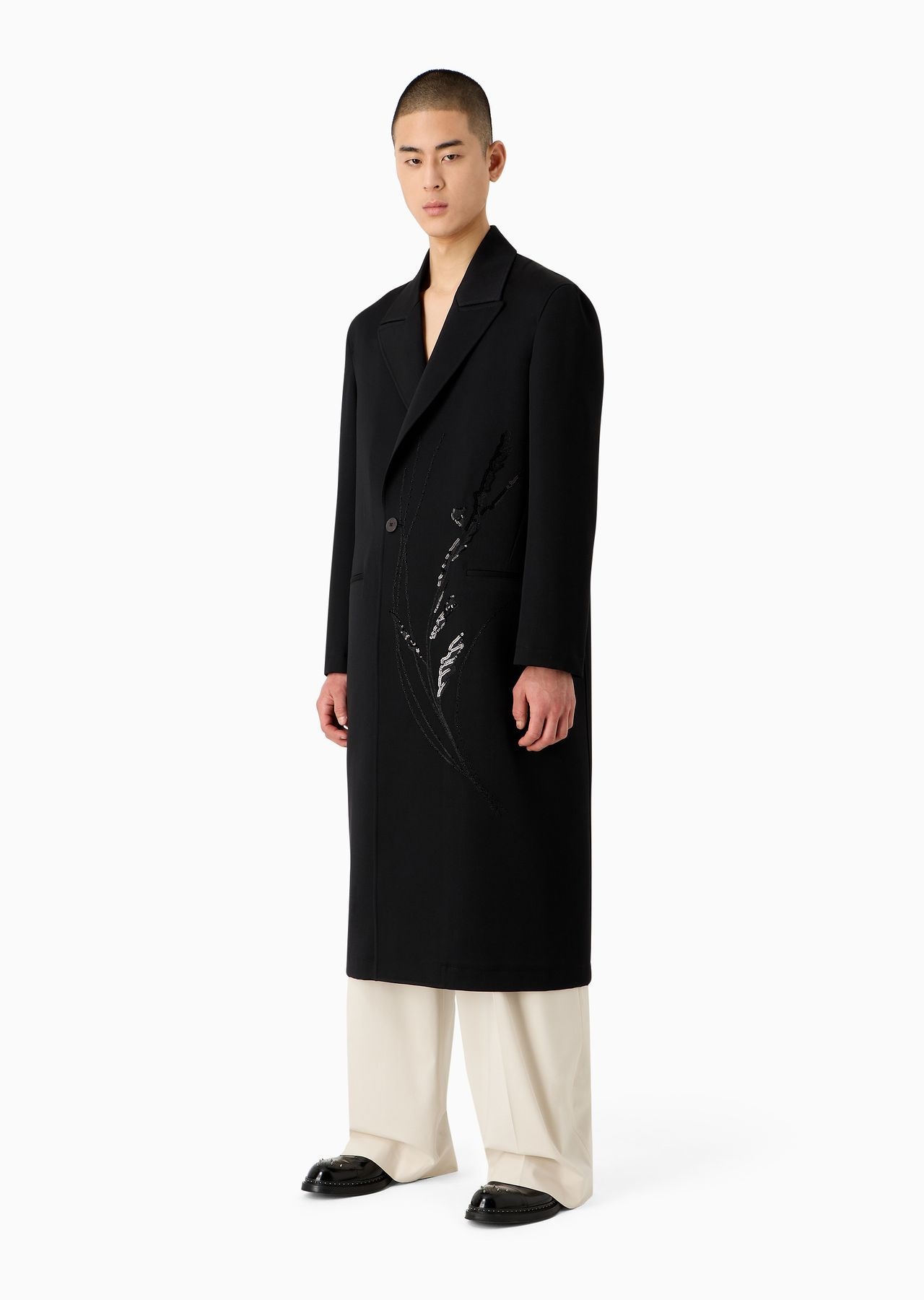 Wool-gabardine coat with nature-themed sequin embroidery - 2