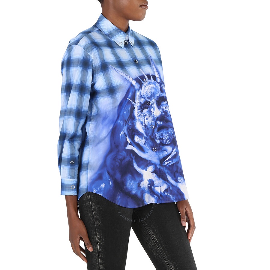 Burberry Ladies Ink Blue Sea Maiden Print Plaid Shirt - 5