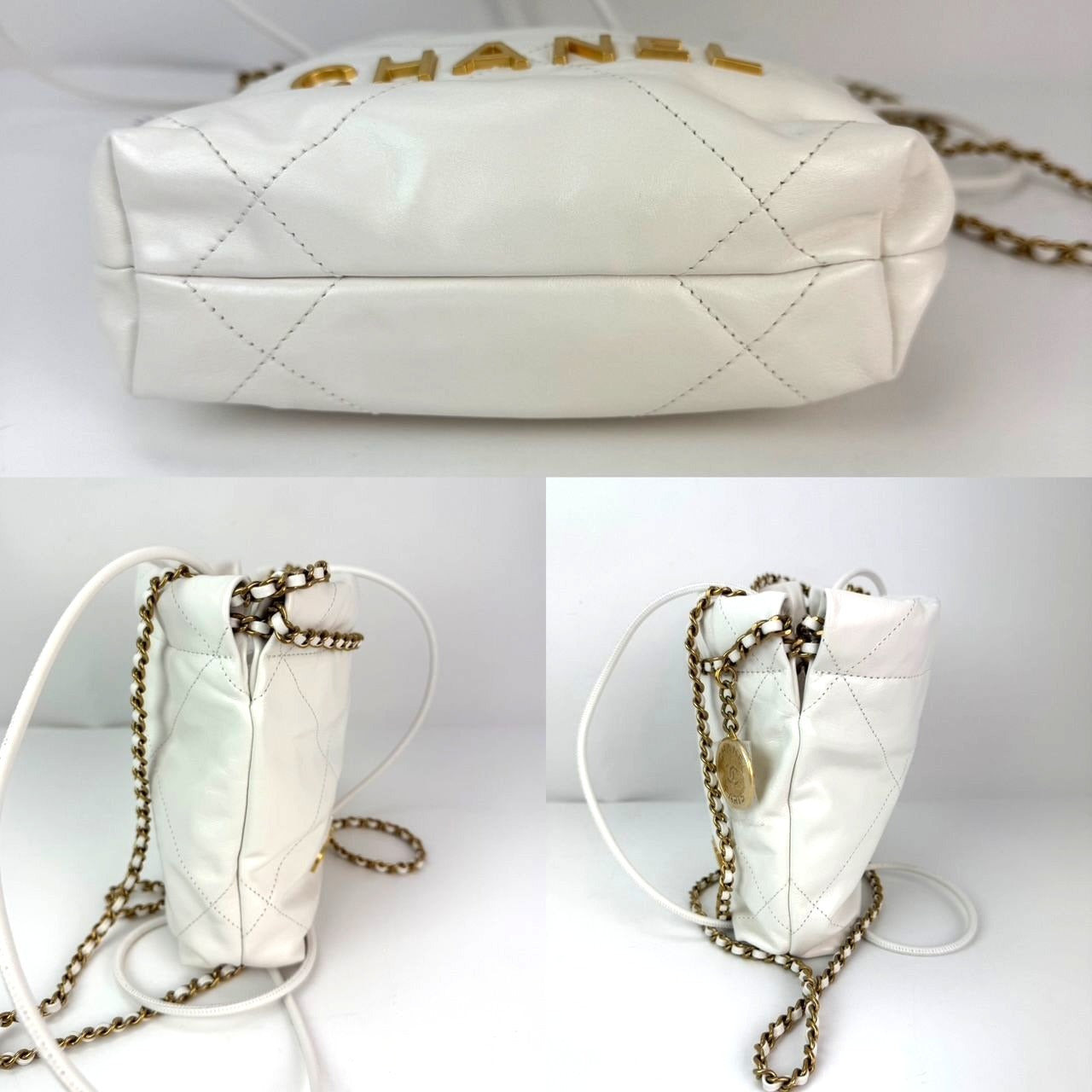 Chanel 22 Mini Shiny Calfskin Quilted White Crossbody Hand Bag - 4