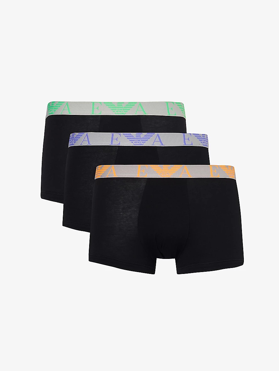 Branded-waistband pack of three stretch-cotton trunks - 1