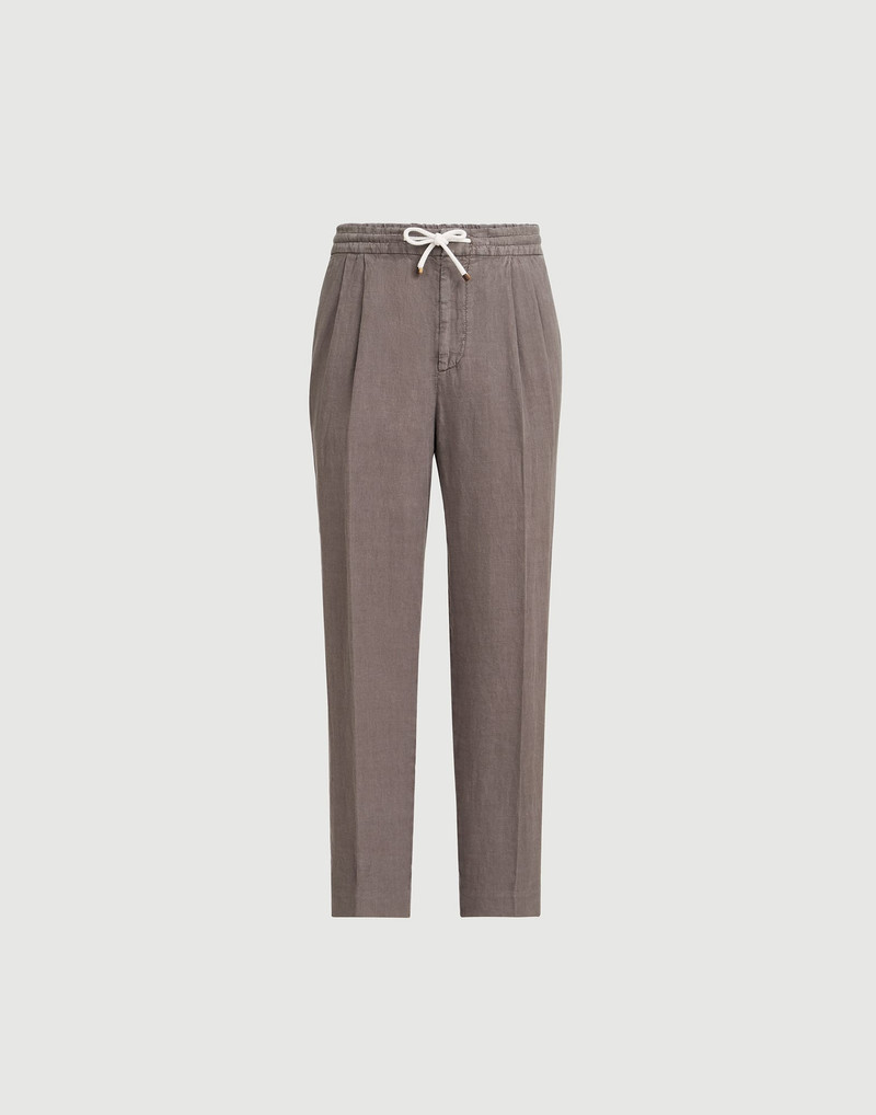 Garment-dyed trousers in linen gabardine with drawstring and double pleats 1