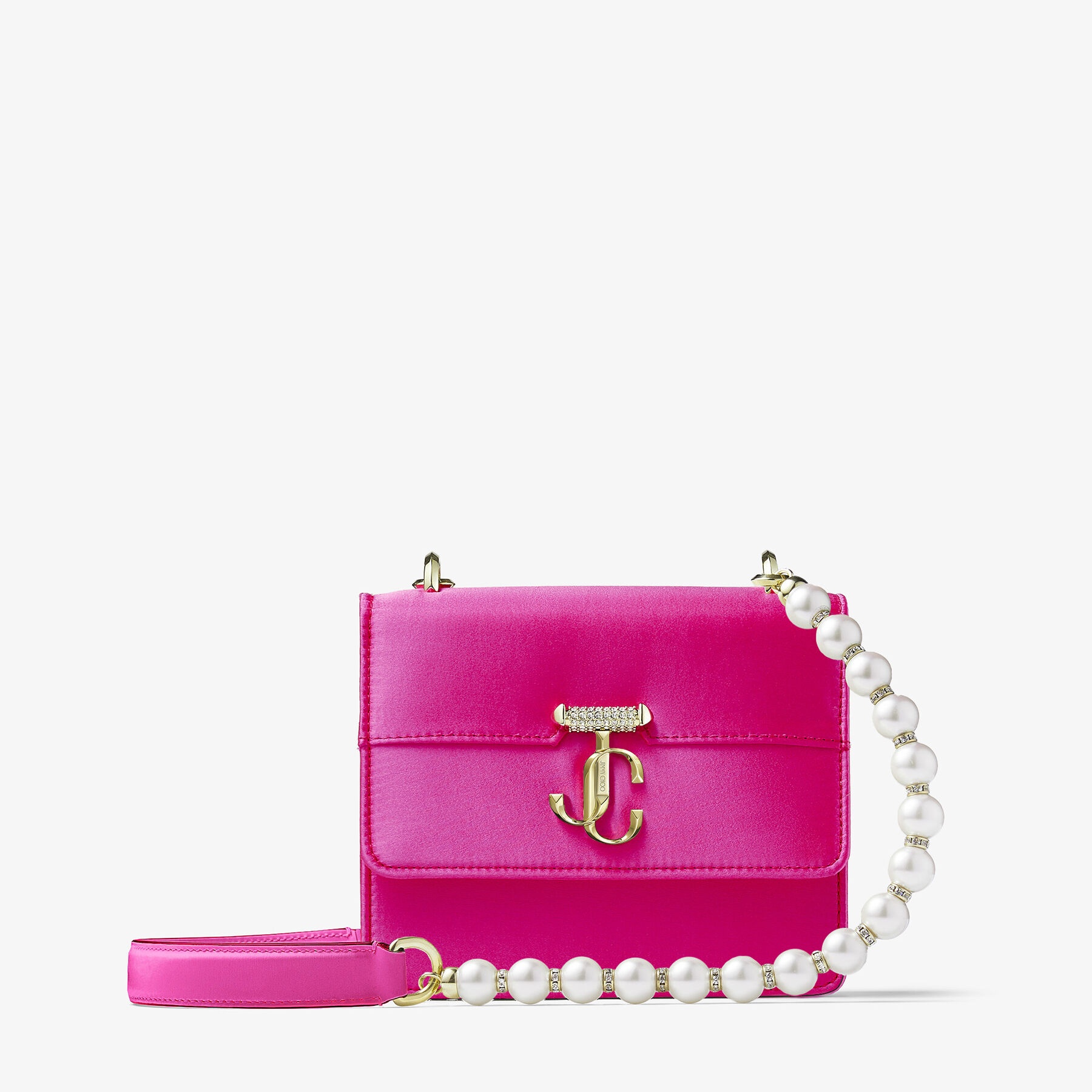 JIMMY CHOO Varenne Quad XS Fuchsia Satin Shoulder Bag with Pearl Strap REVERSIBLE