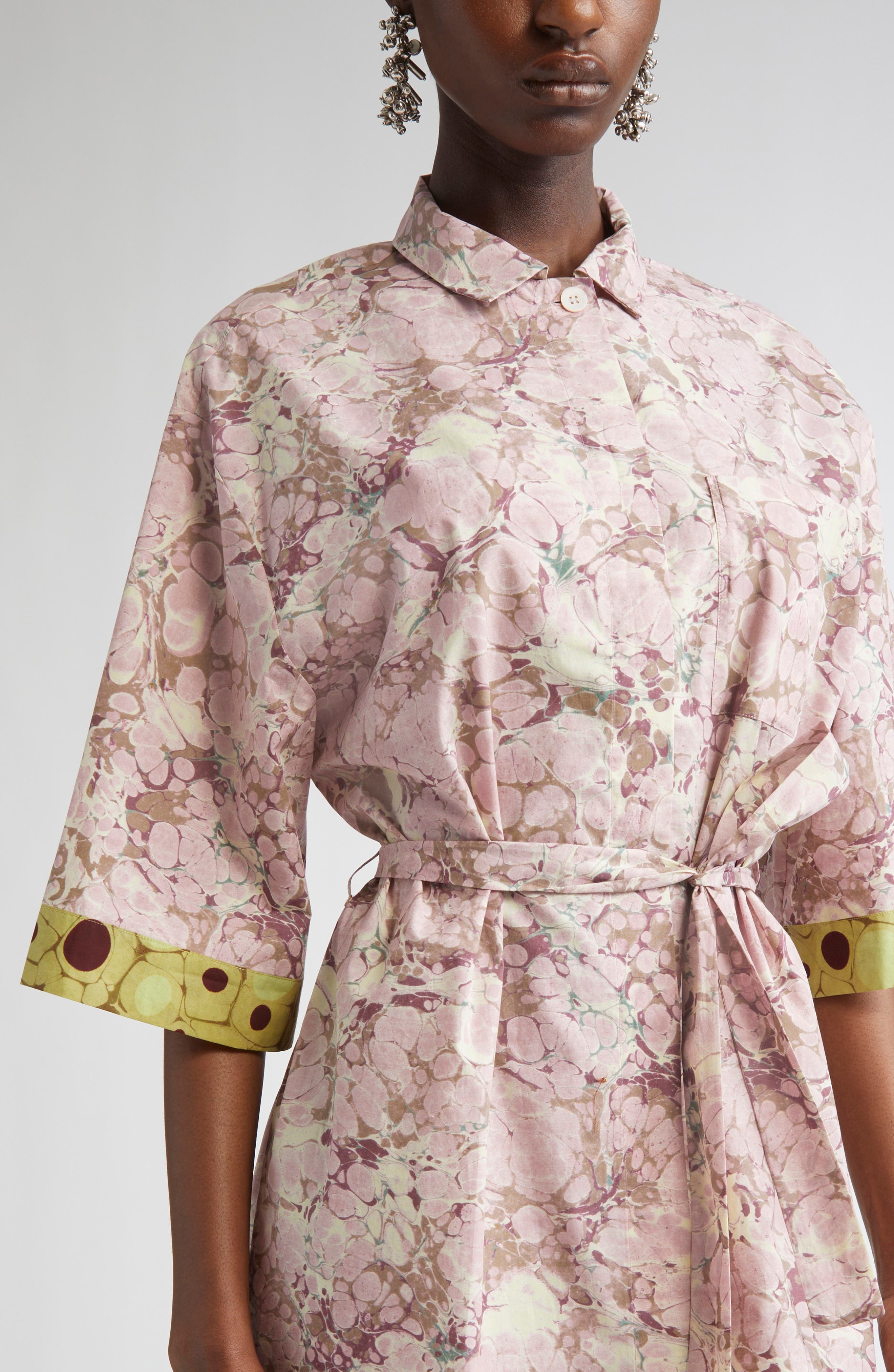 Dries Van Noten Doralia Mixed Print Belted Cotton Poplin Shirtdress in Blush at Nordstrom - 4
