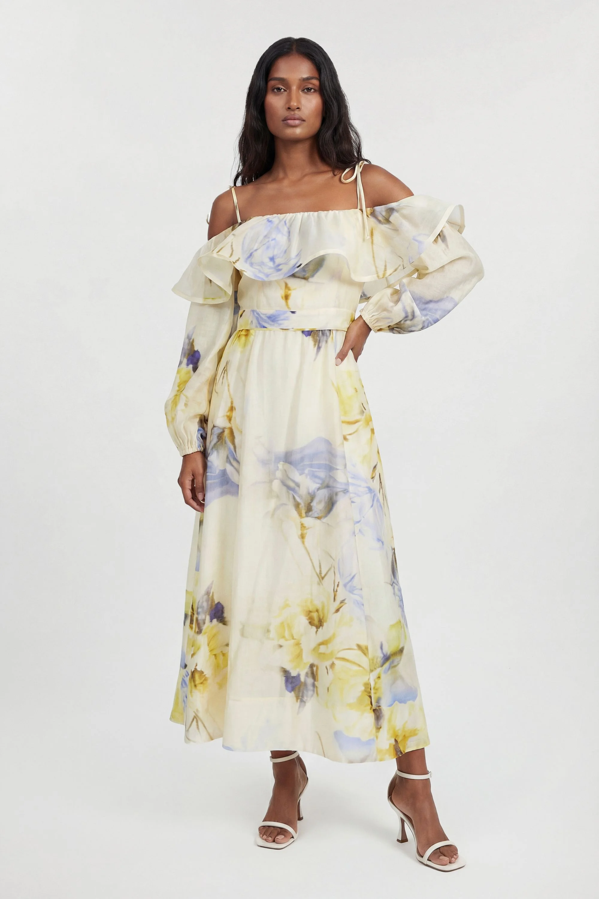 Petite Blue Floral Off The Shoulder Shirred Woven Maxi Dress - 1
