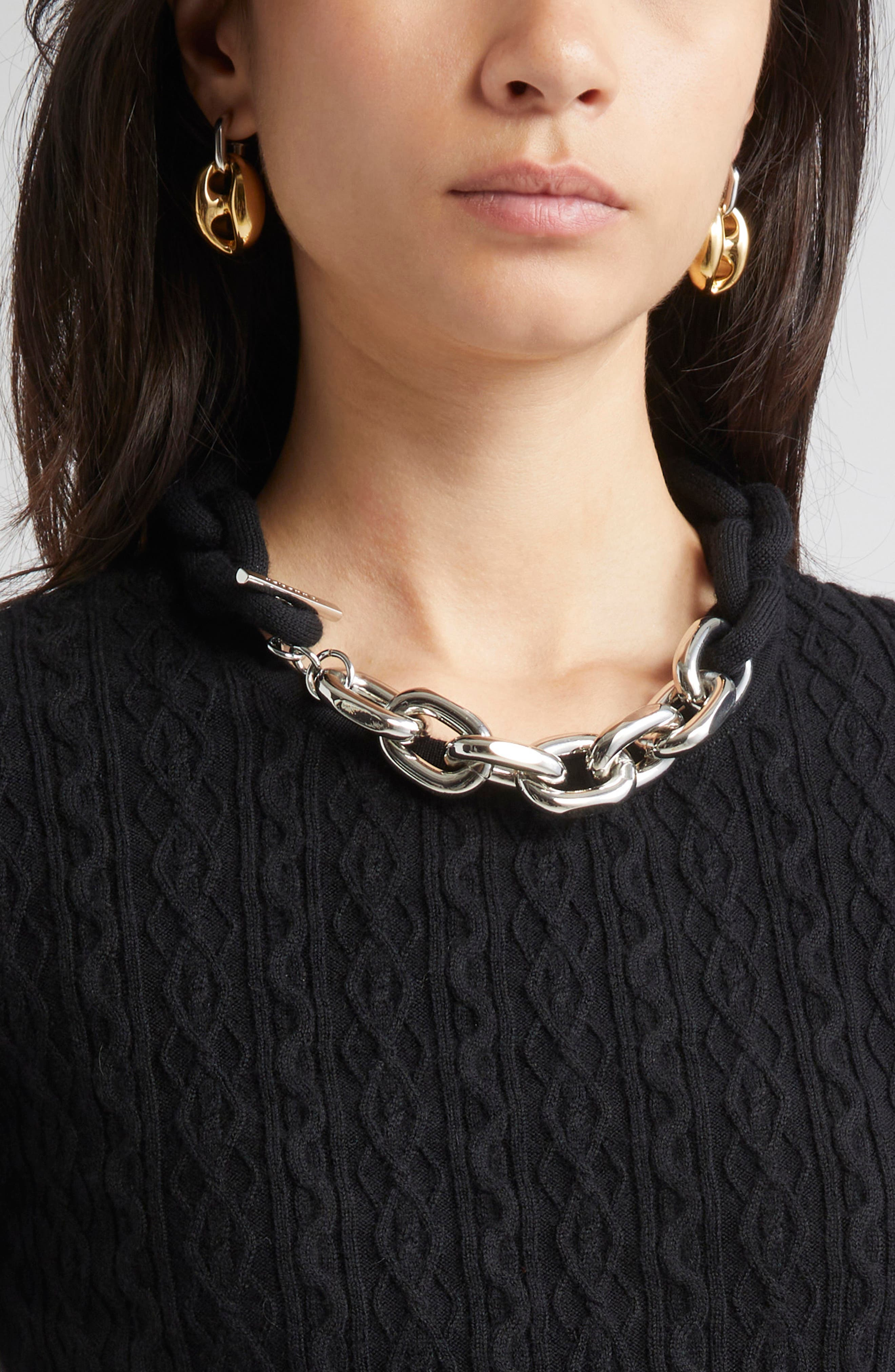 Rabanne Chain Detail Cable Knit Sweater in Black at Nordstrom - 4