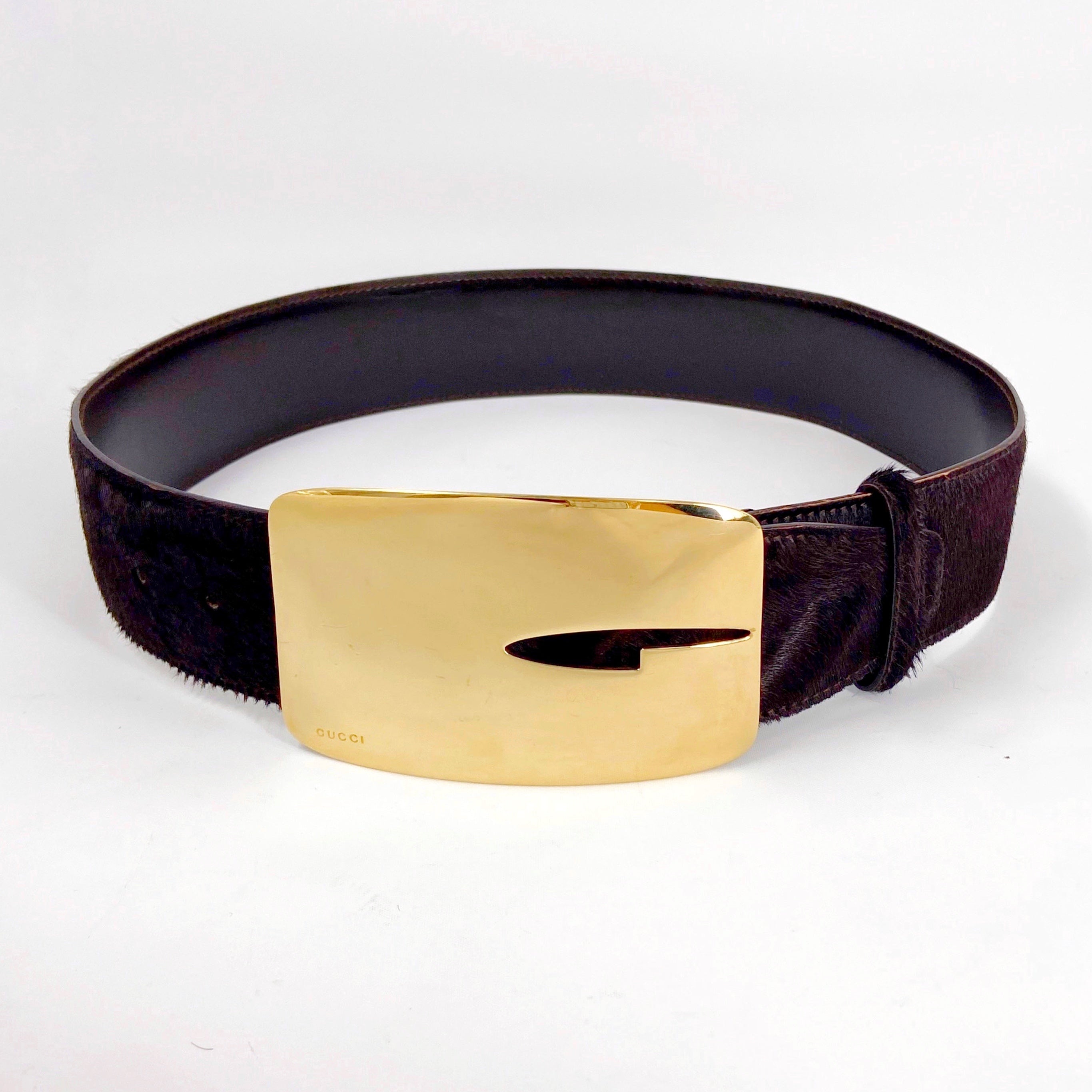 Gucci Fall 1996 Tom Ford Iconic Gold Logo Brown Pony Hair Belt 30 - 14