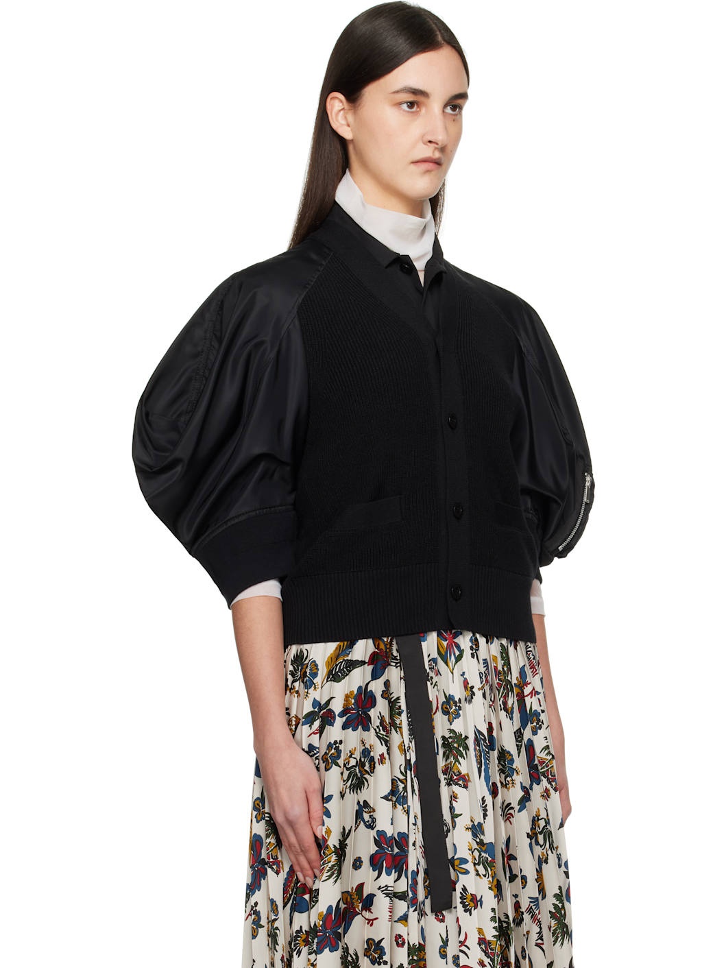 Black Nylon Twill x Knit Cardigan - 2