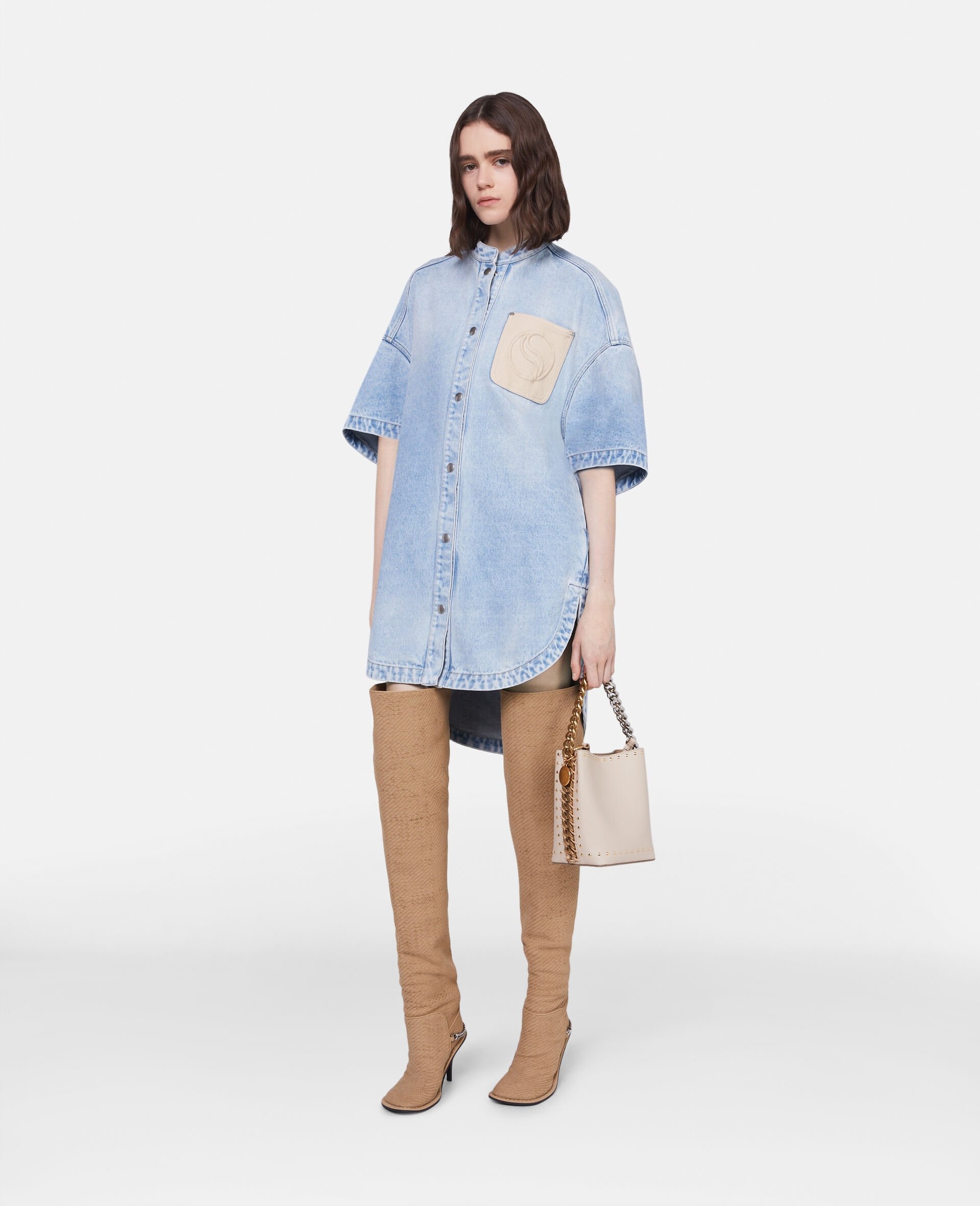 S-Wave Vintage Wash Collarless Denim Dress - 2