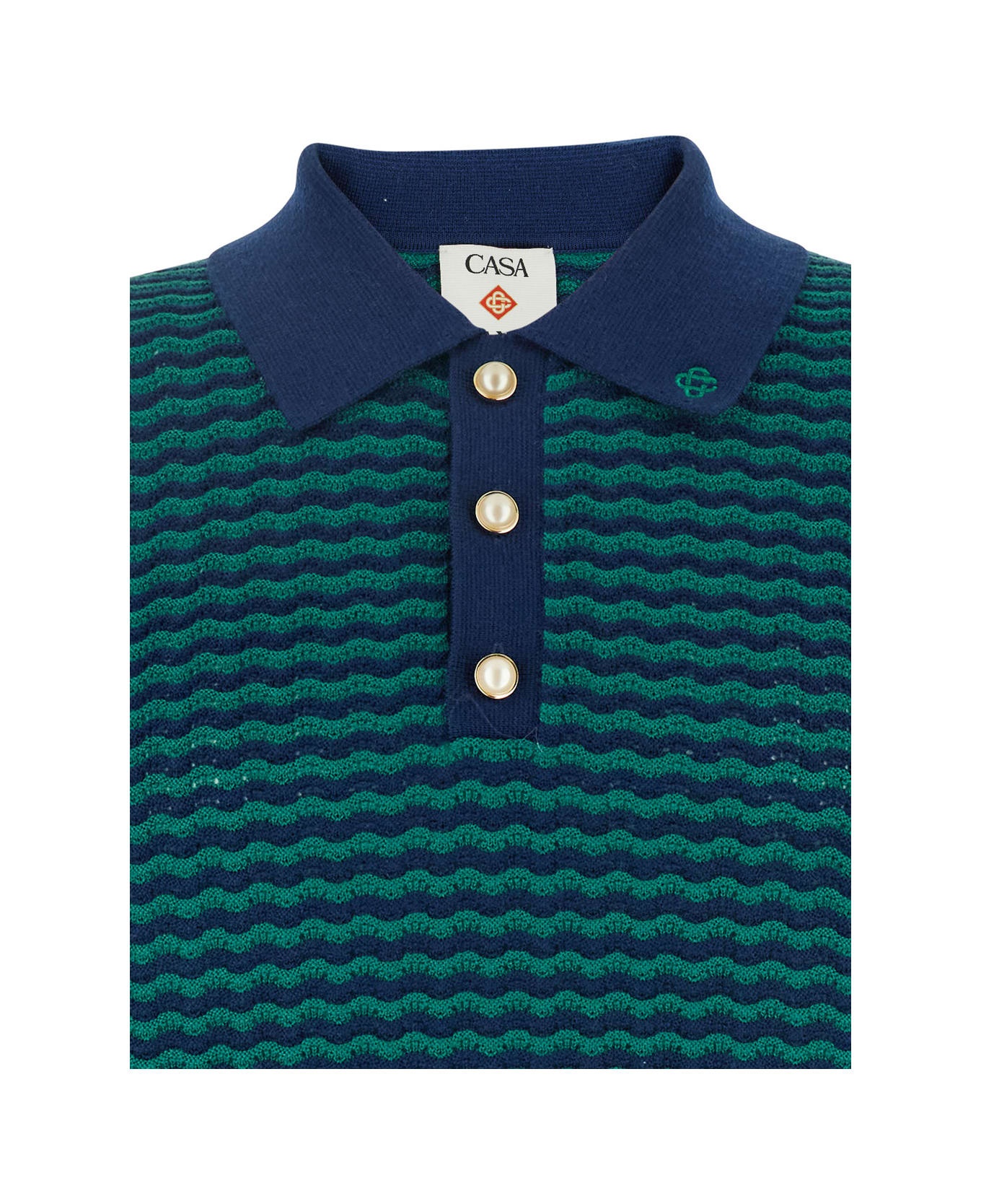 'mini Wave' Blue Polo Shirt With Logo Embroidery On The Collar And All-over Striped Motif In Wool Ma - 3