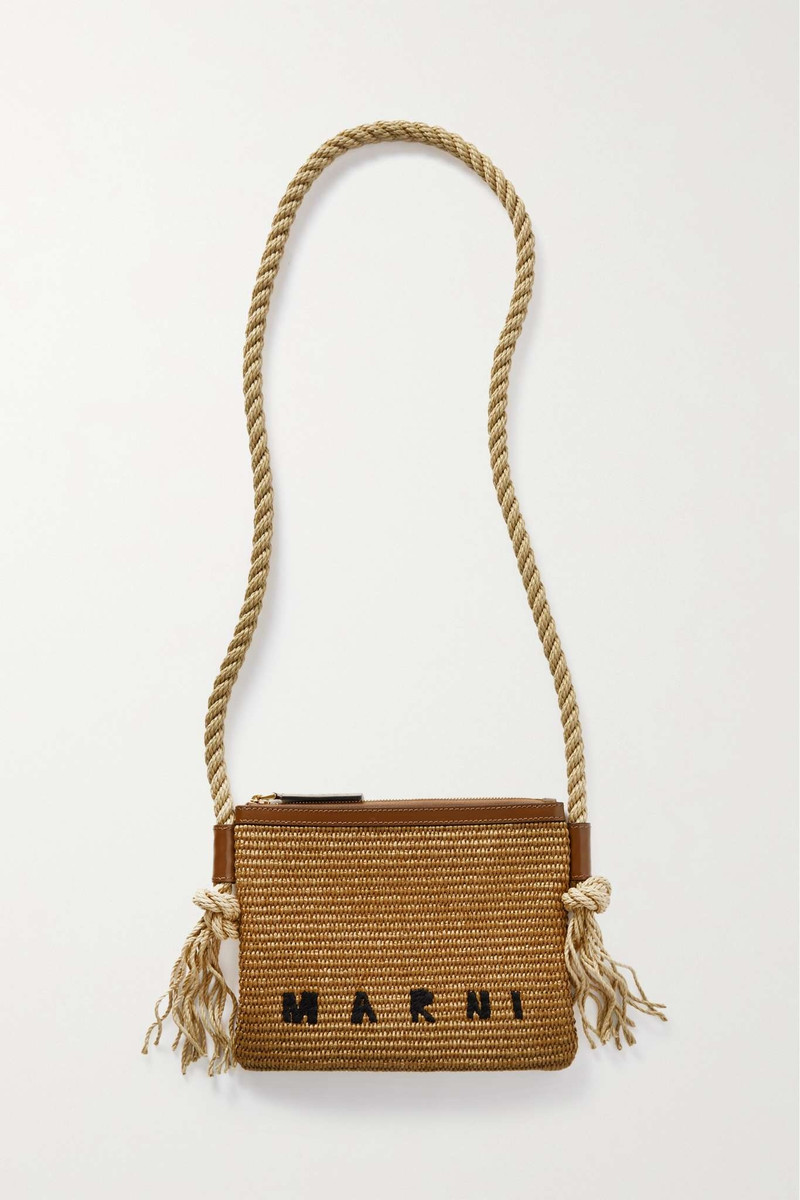 Marcel leather-trimmed embroidered raffia shoulder bag 1