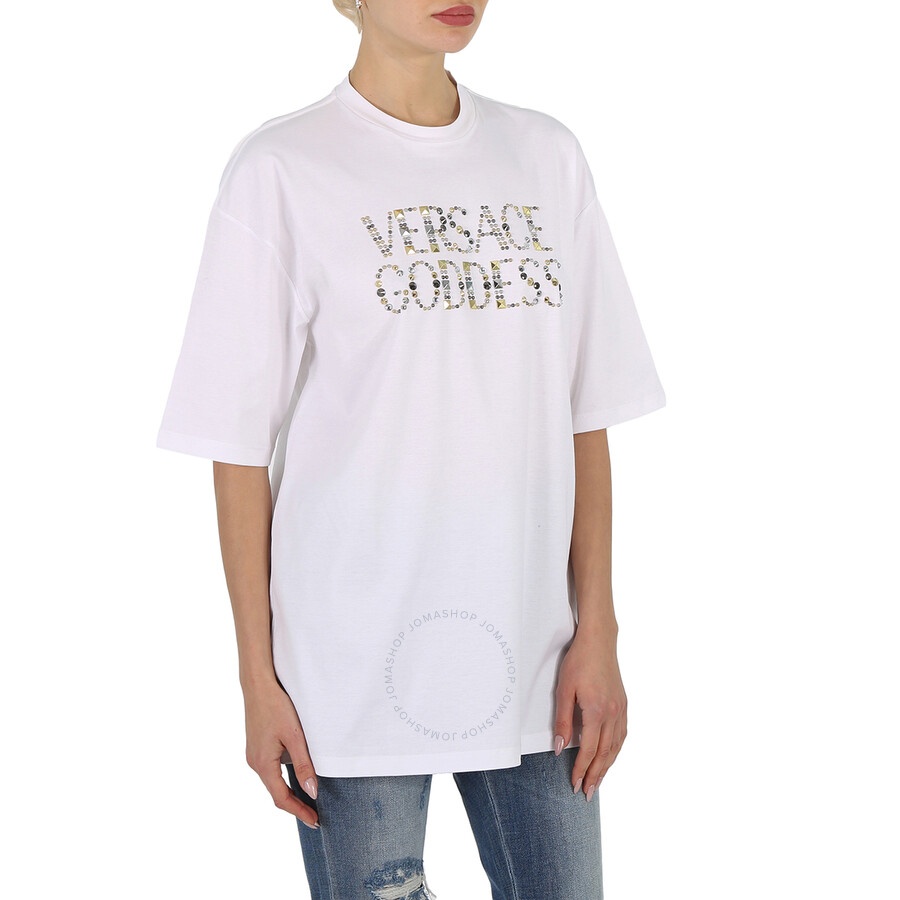 Versace Ladies Optical White Studded Versace Goddess Cotton T-Shirt - 4