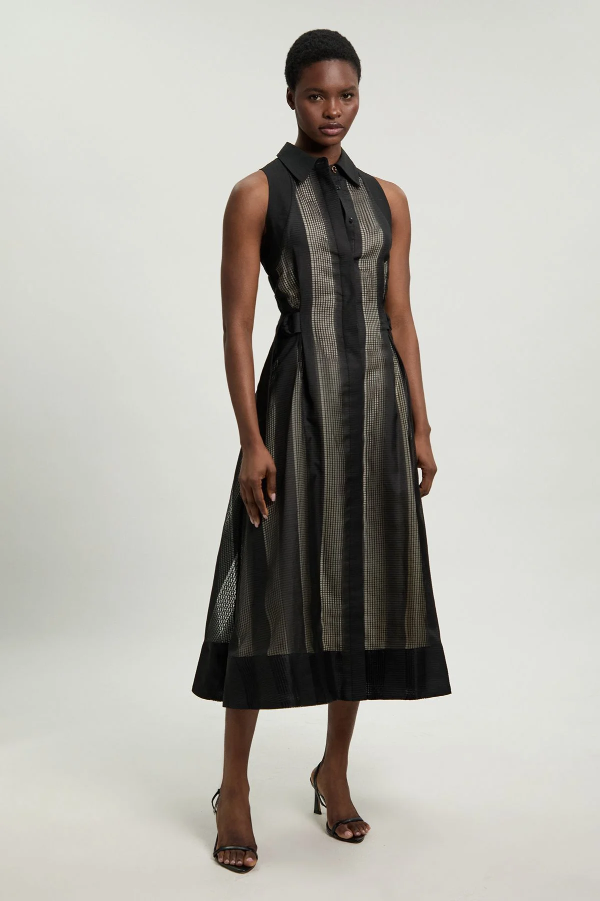 Textured Organza Mix Sleeveless Shirt Dress - 1