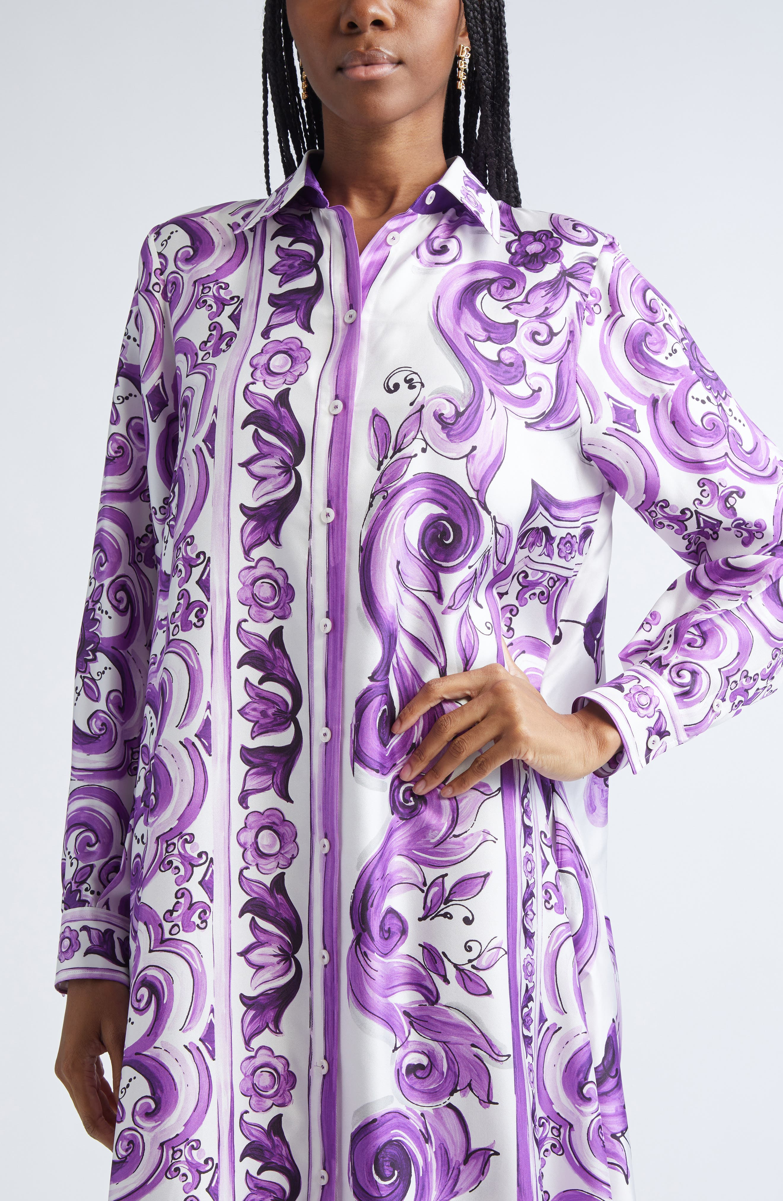 Dolce&Gabbana Majolica Print Long Sleeve Silk Shirtdress in Ip3Tn Mix Maiolica Viola at Nordstrom - 4