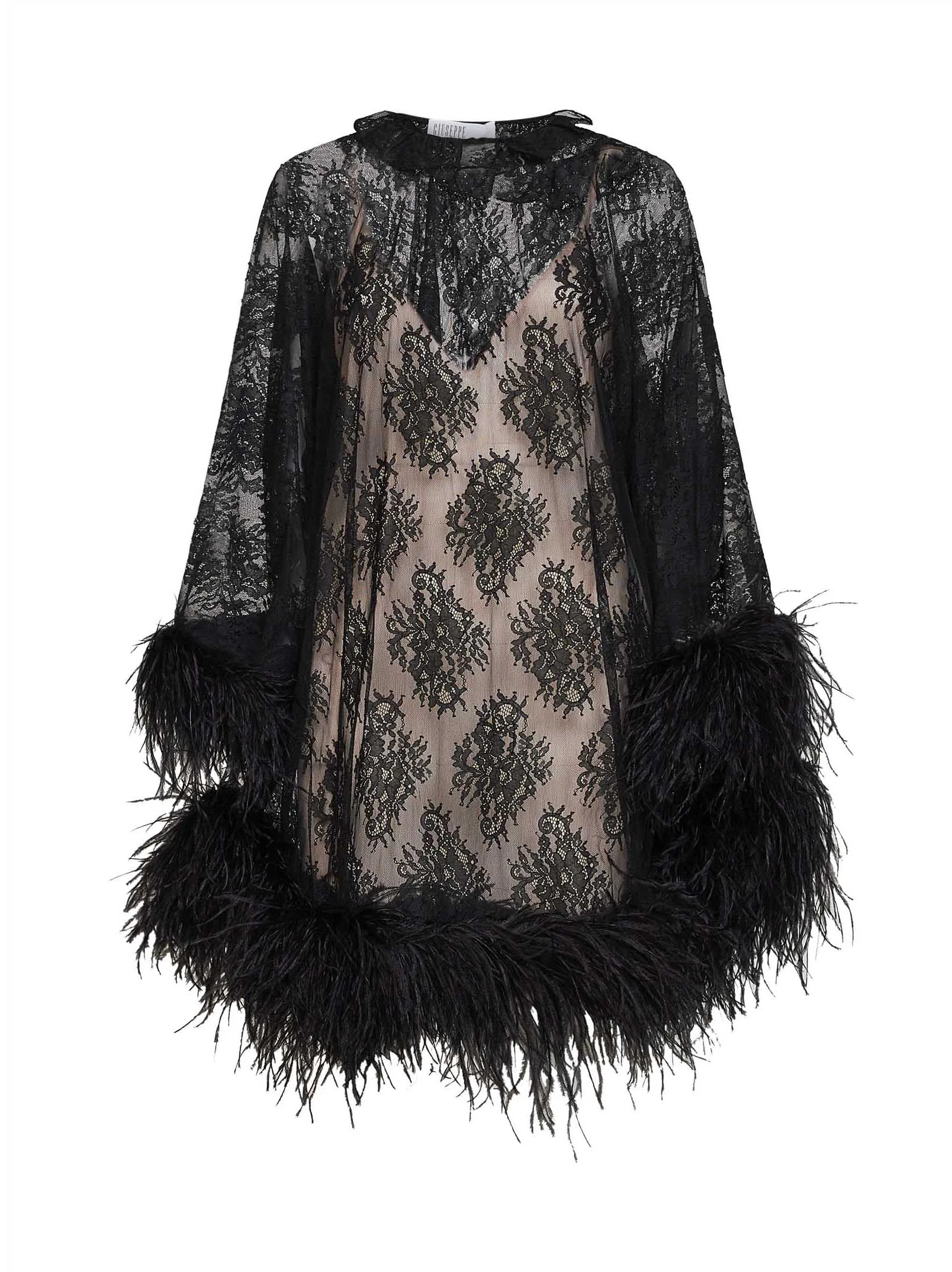 Black lace kaftan-style mini dress with feather trim - 1
