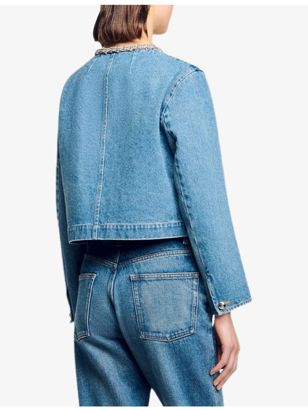 Rhinestone-Embellished Round-Neck Denim Jacket - 4