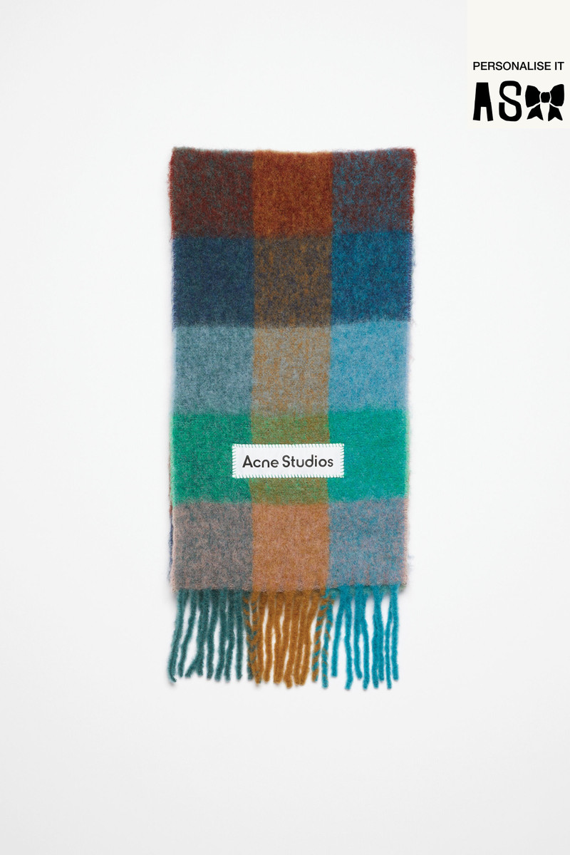 Mohair checked scarf - Turquoise/camel/blue 1